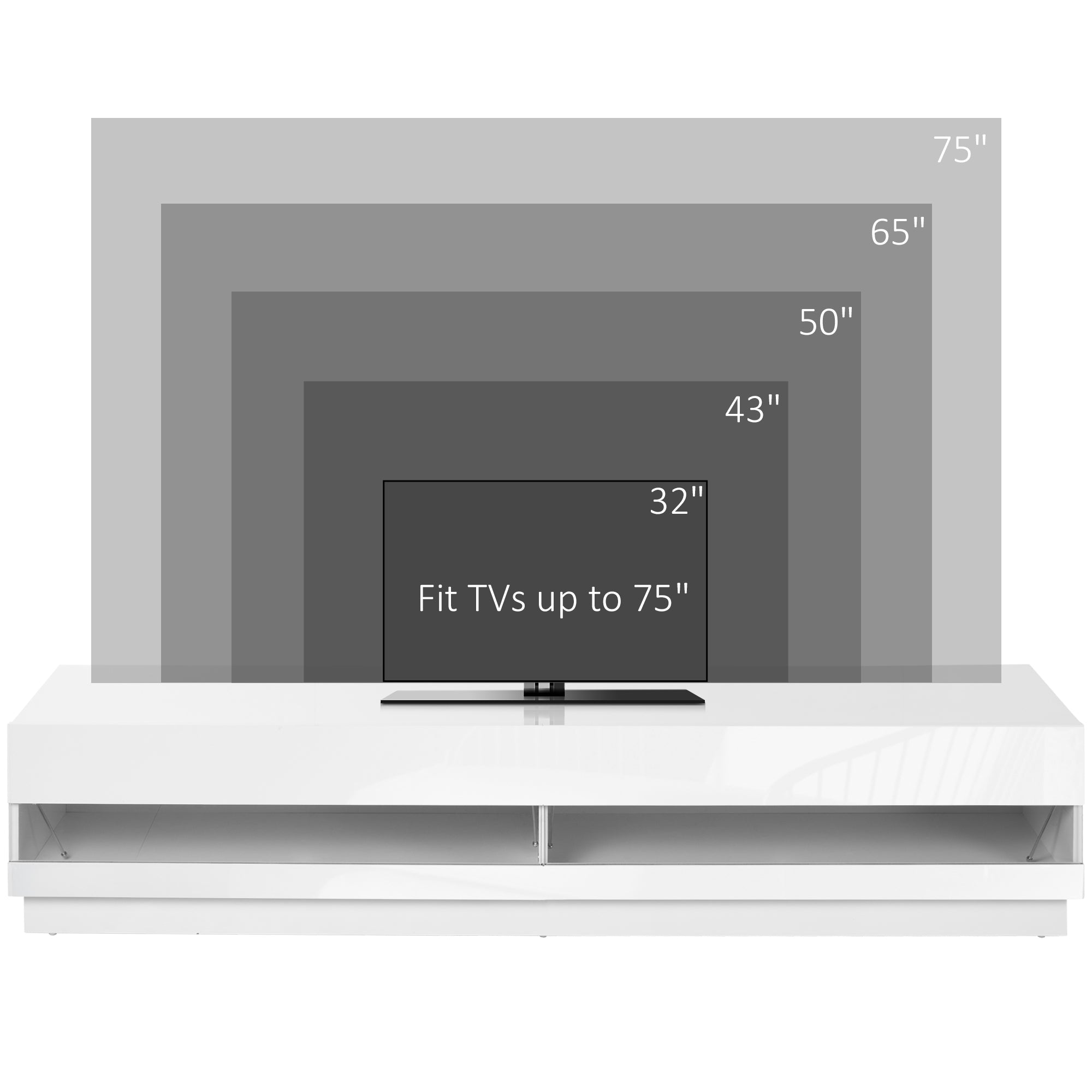 HOMCOM High Gloss TV Stand Cabinet for TVs up to 75", Entertainment Center with LED Light, Media Console with Storage, White