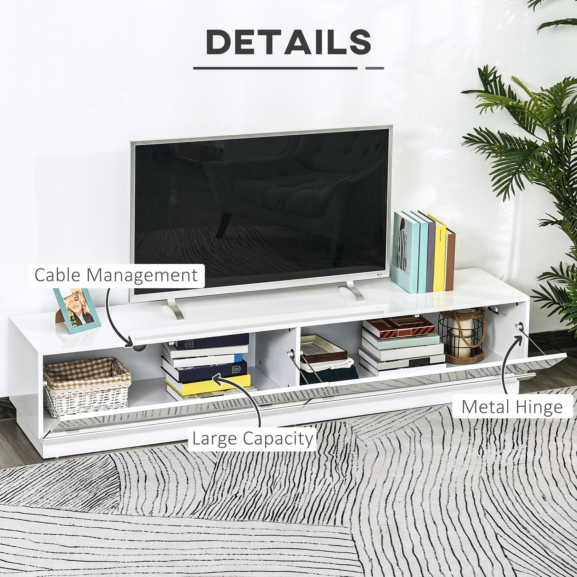 HOMCOM High Gloss TV Stand Cabinet for TVs up to 75", Entertainment Center with LED Light, Media Console with Storage, White
