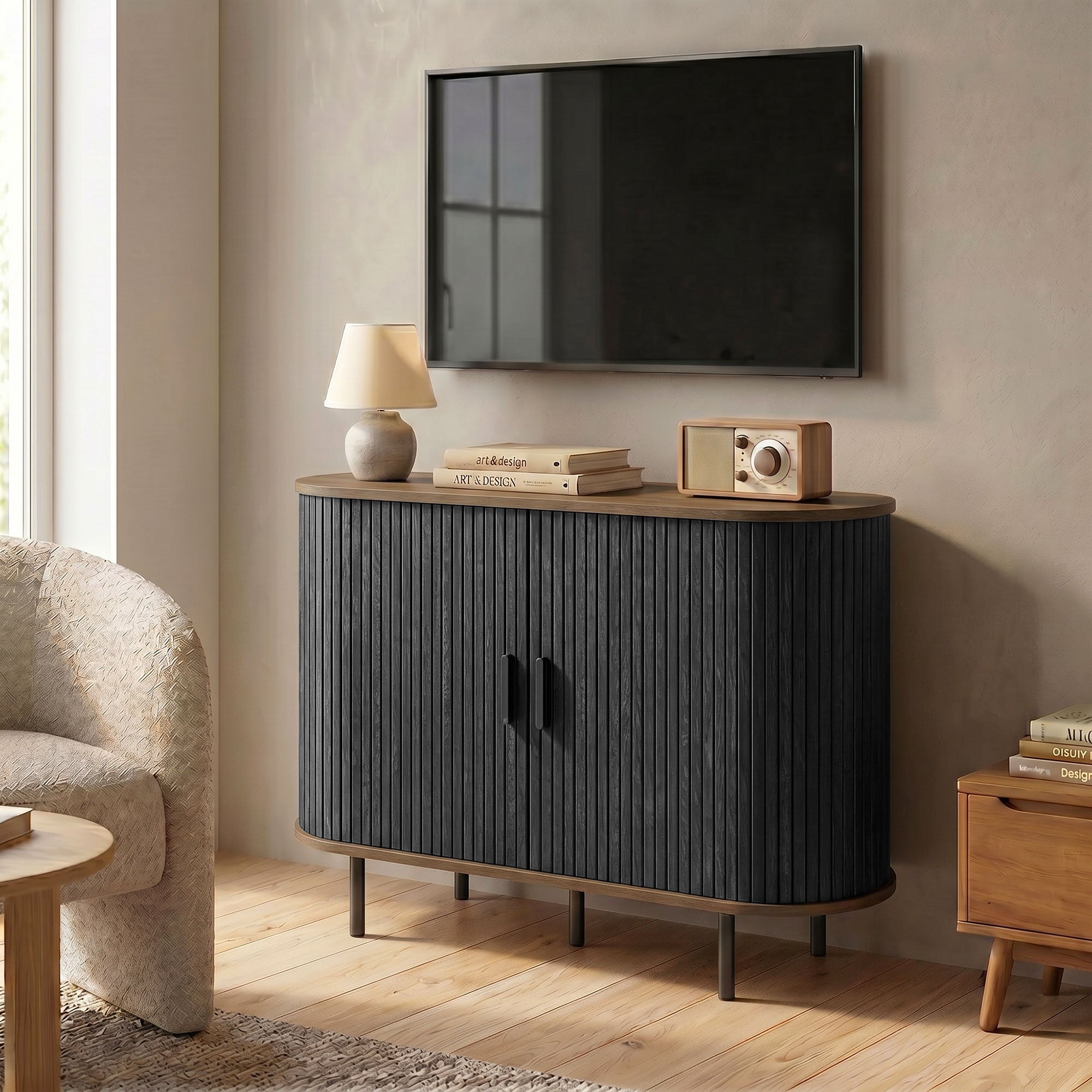 Sideboard Buffet Cabinet with Curved Tambour Doors, 39.4" Farmhouse Coffee Bar Cabinet with Shelves and Side Slots, Brown Wood Grain and Black