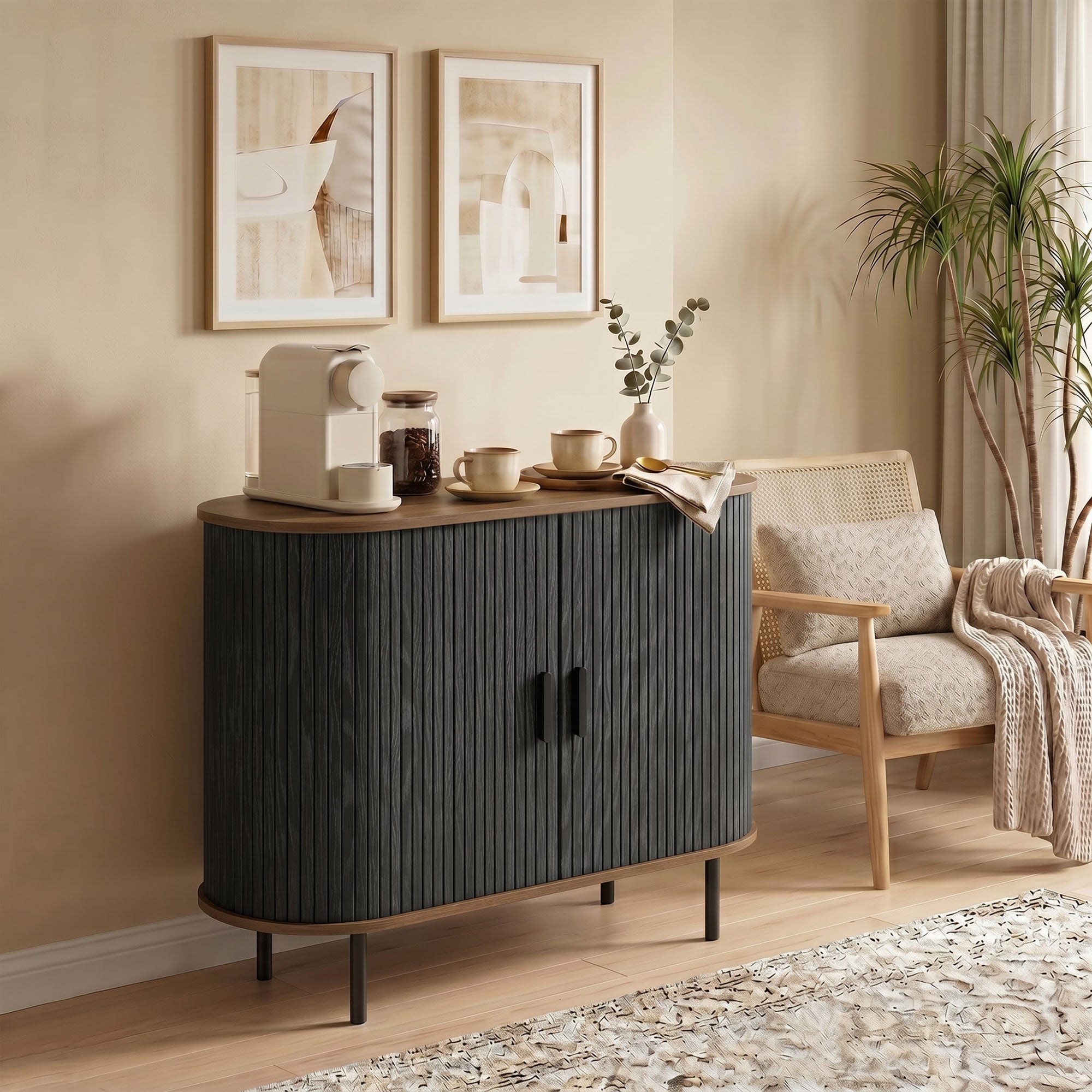 Sideboard Buffet Cabinet with Curved Tambour Doors, 39.4" Farmhouse Coffee Bar Cabinet with Shelves and Side Slots, Brown Wood Grain and Black