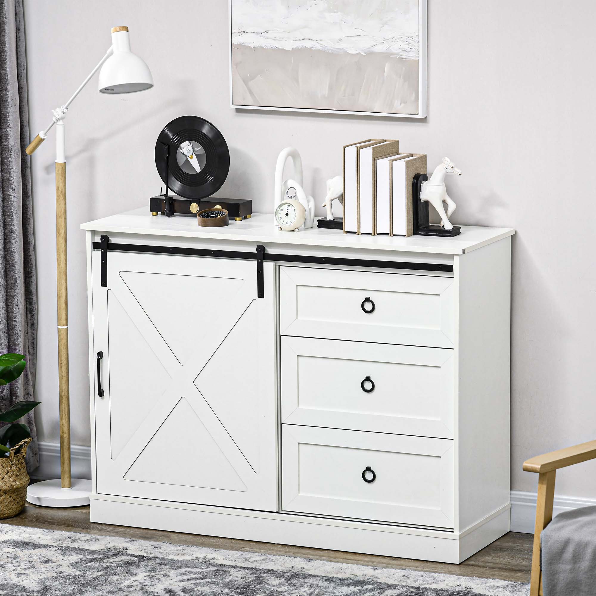 Farmhouse Kitchen Sideboard Buffet Cabinet w/ Sliding Barn Door & 3 Drawers, White