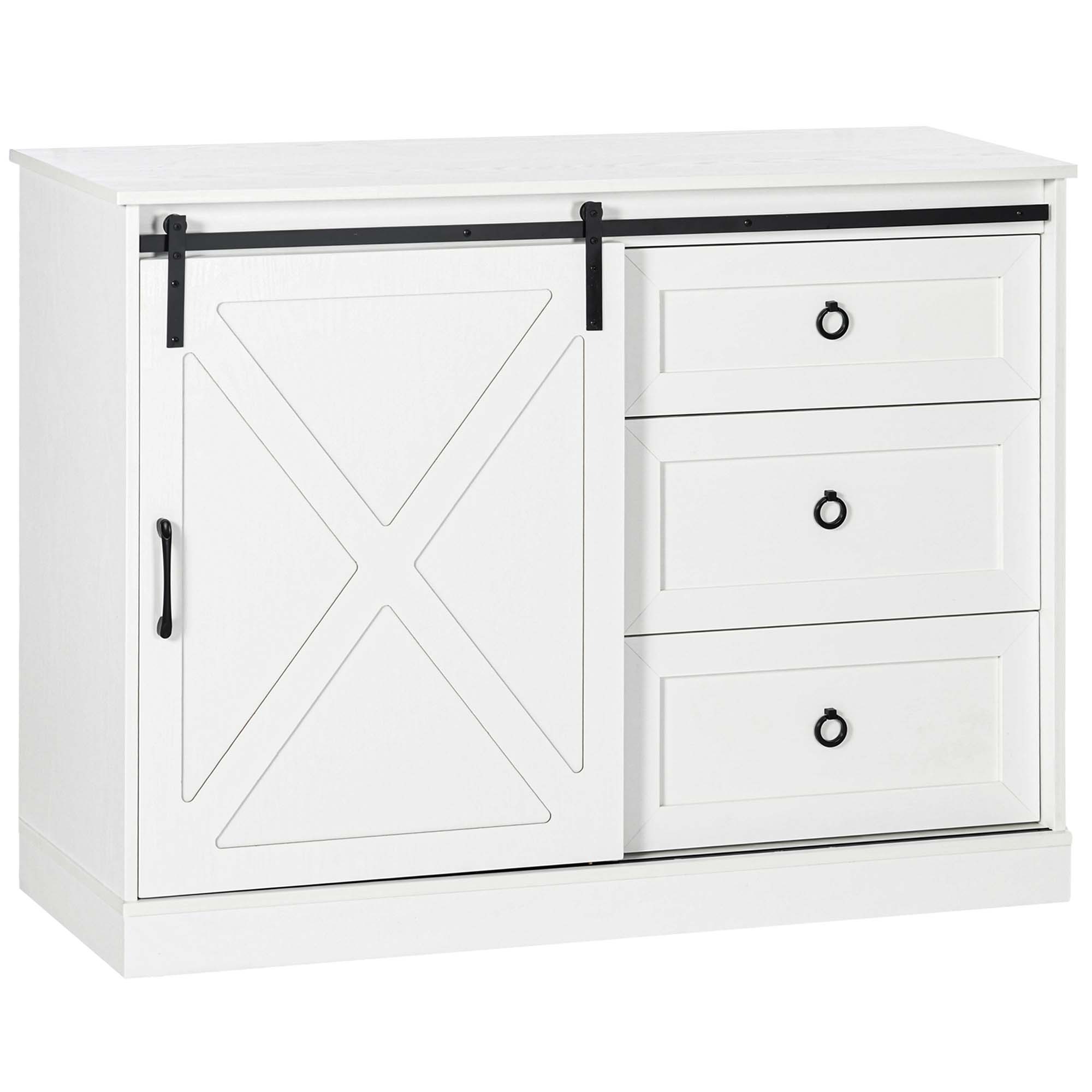 Farmhouse Kitchen Sideboard Buffet Cabinet w/ Sliding Barn Door & 3 Drawers, White
