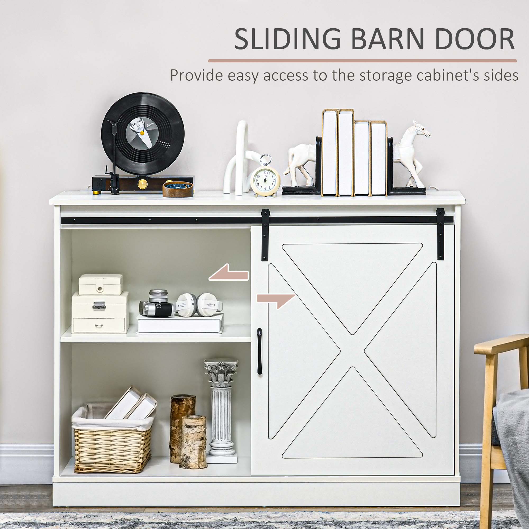 Farmhouse Kitchen Sideboard Buffet Cabinet w/ Sliding Barn Door & 3 Drawers, White