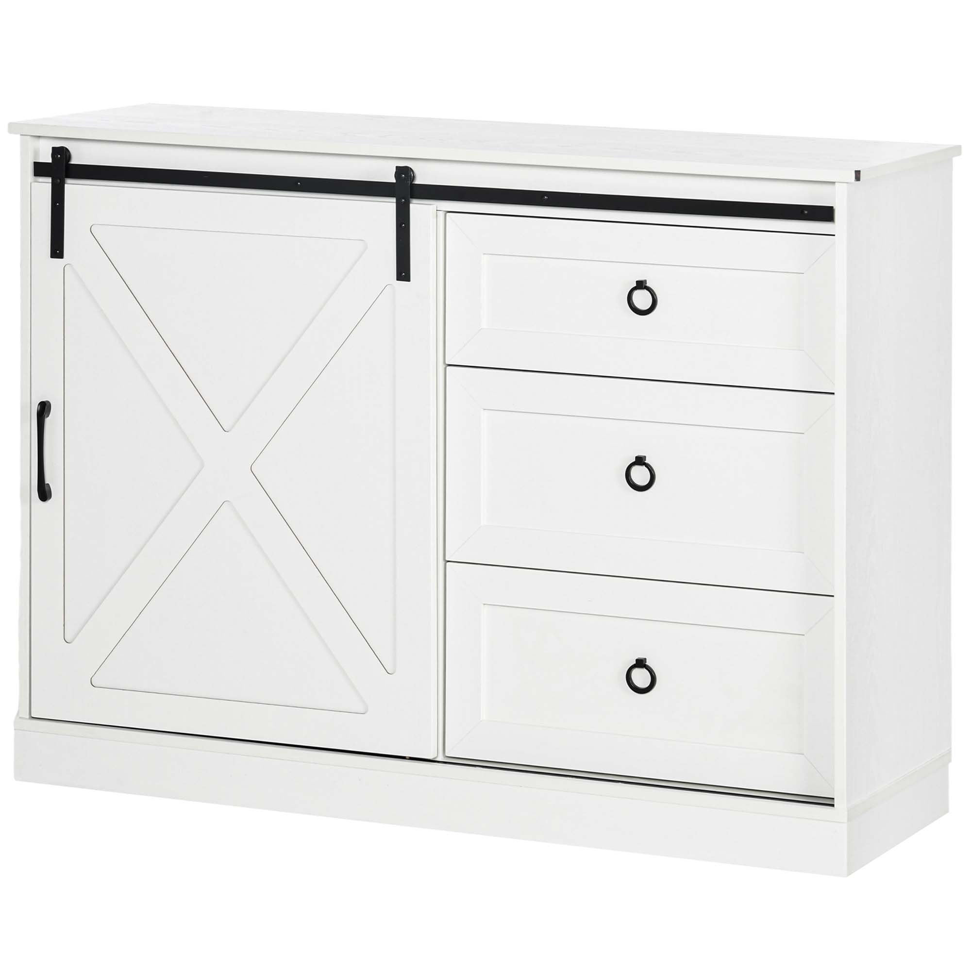 Farmhouse Kitchen Sideboard Buffet Cabinet w/ Sliding Barn Door & 3 Drawers, White
