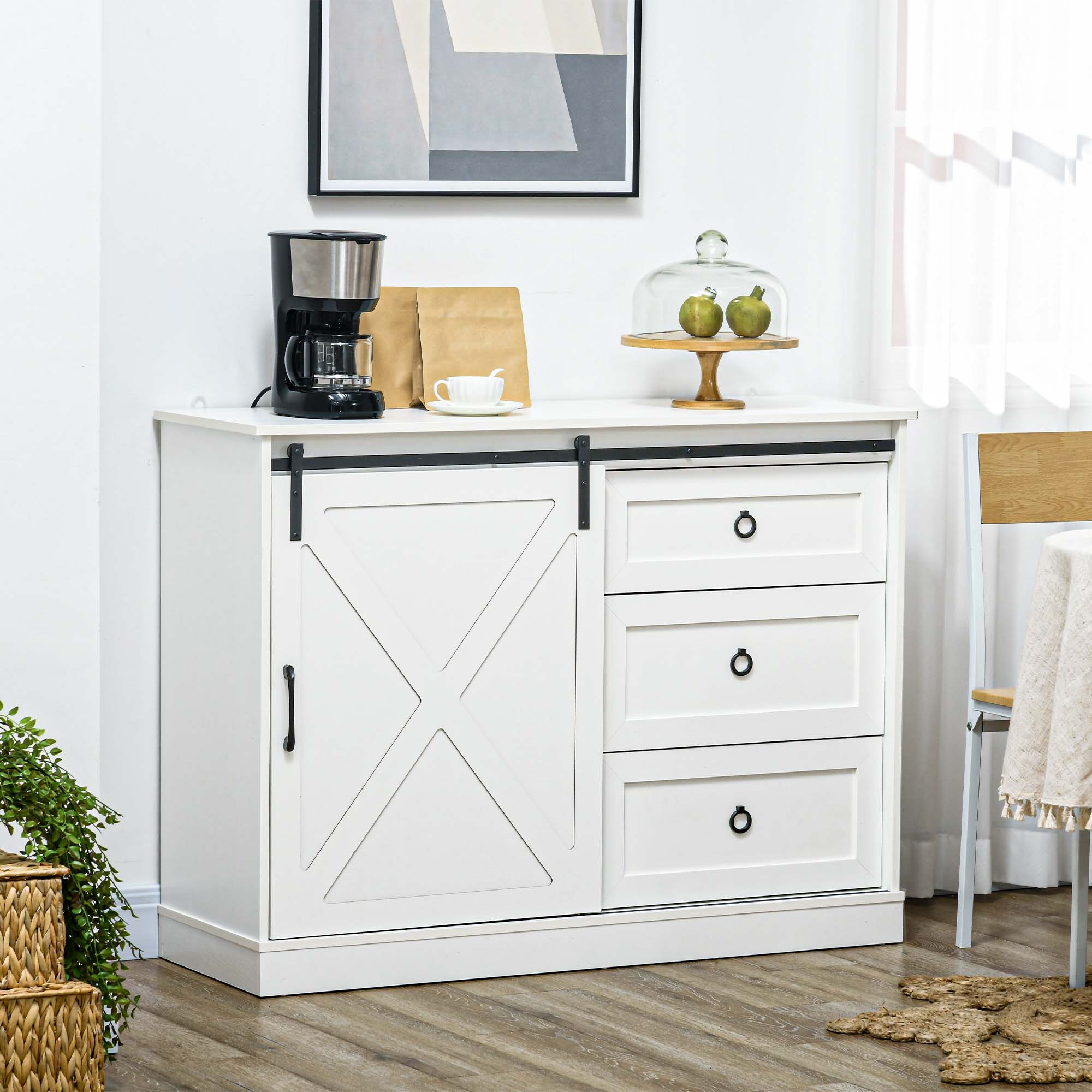 Farmhouse Kitchen Sideboard Buffet Cabinet w/ Sliding Barn Door & 3 Drawers, White