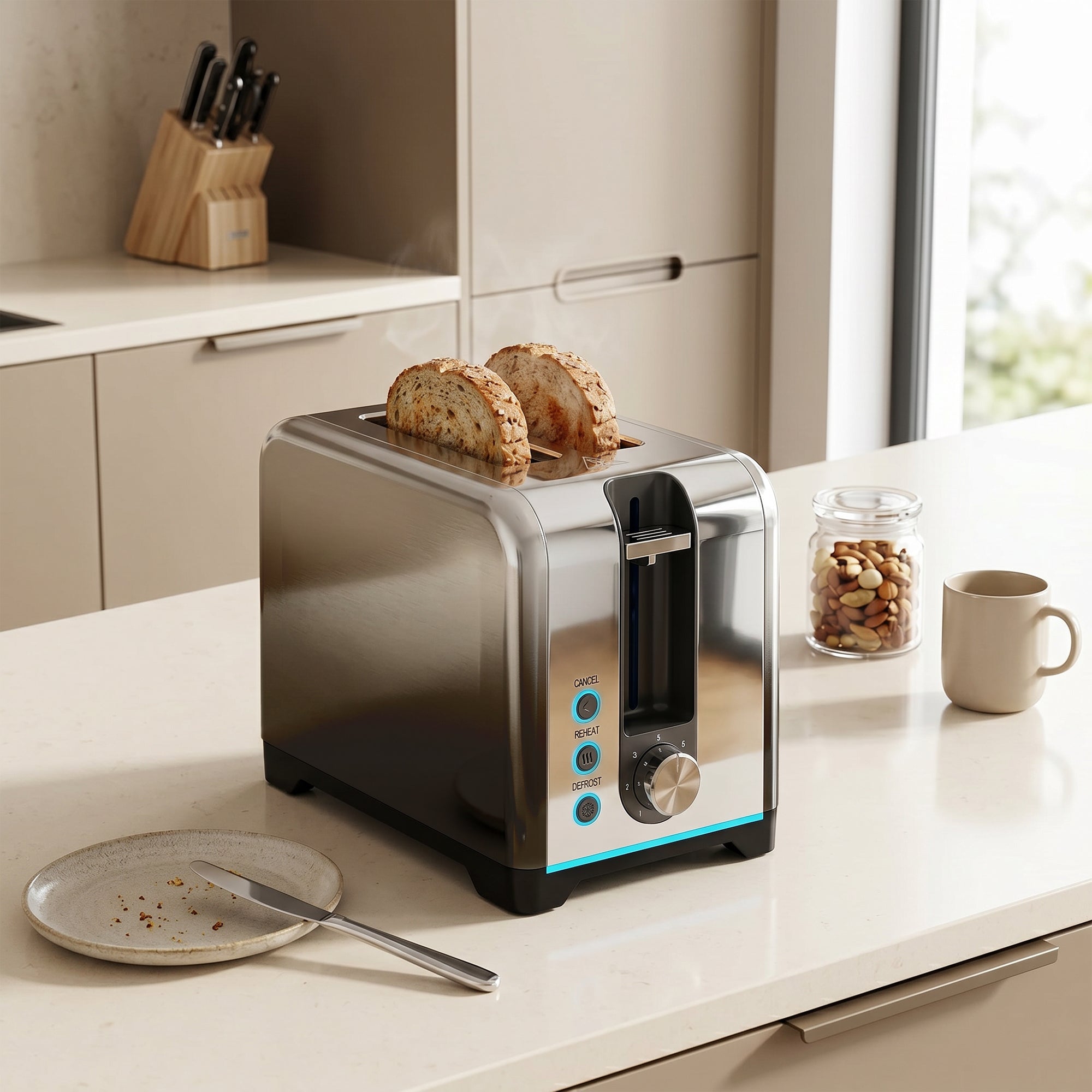 2 Slice Toaster with 7 Browning Levels, Reheat, Defrost and Cancel Functions, Self-Centring Slots, Auto Shut-Off, Removable Crumb Tray, 930W, Black