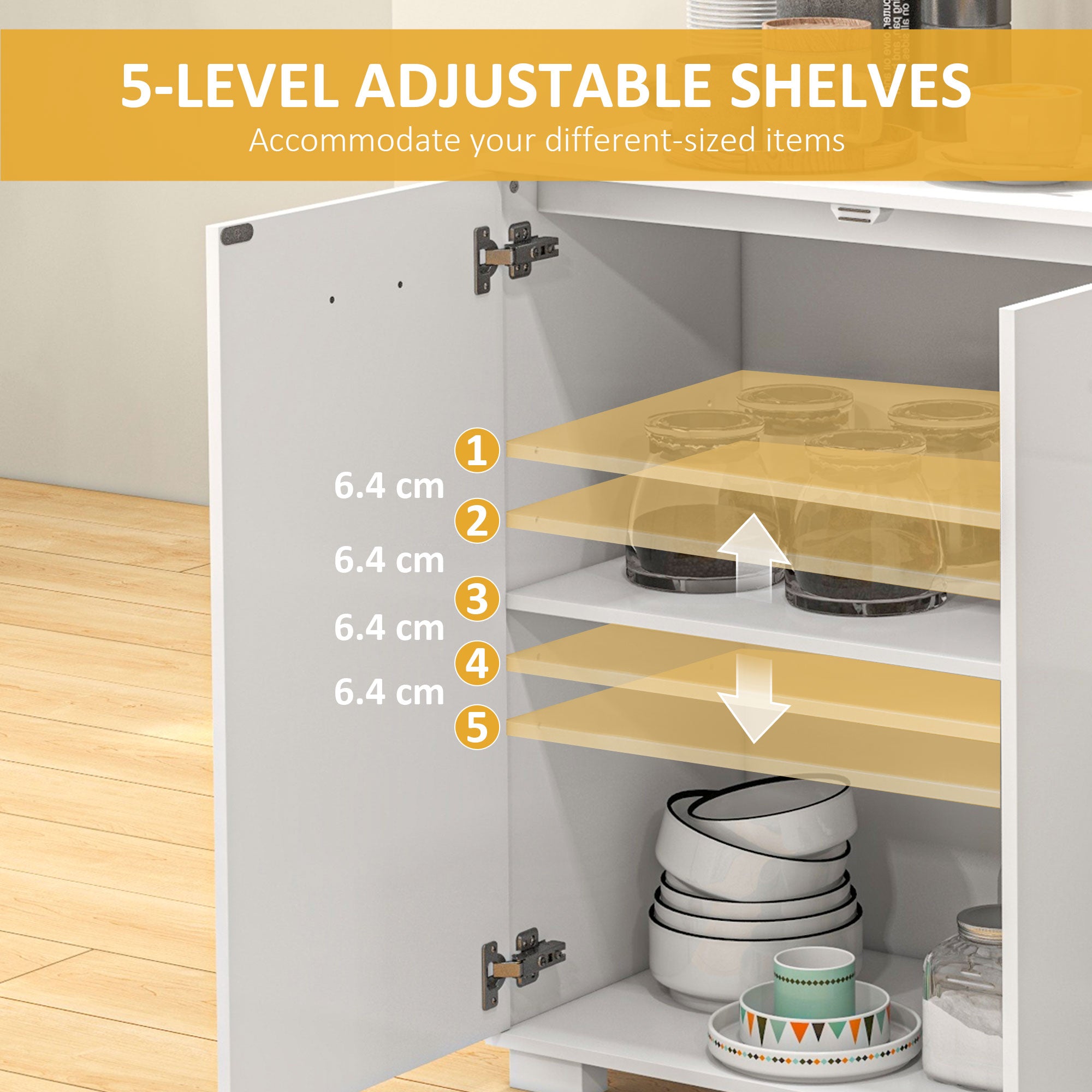 HOMCOM Sideboard, Modern Storage Cabinet with 2 Drawers, 3 Doors and Adjustable Shelves, Kitchen Cabinet for Living Room, Dining Room, High Gloss White