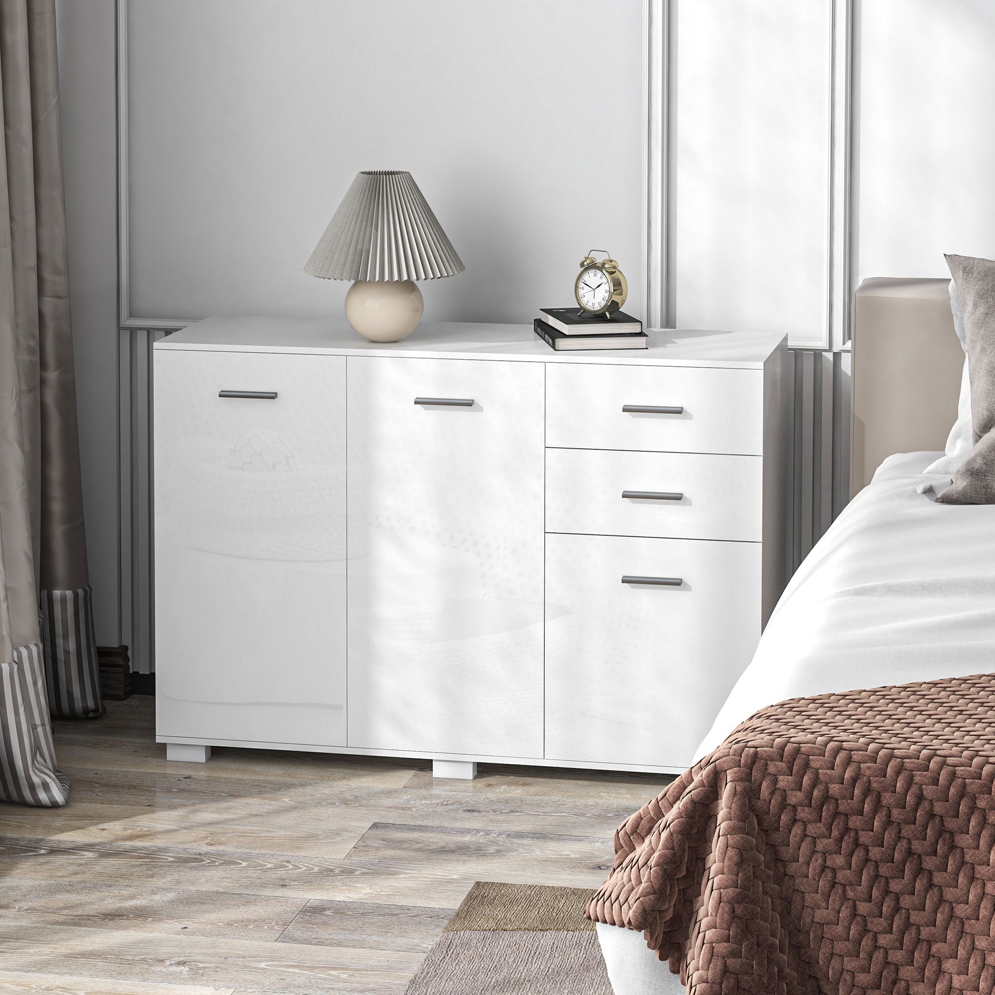 HOMCOM Sideboard, Modern Storage Cabinet with 2 Drawers, 3 Doors and Adjustable Shelves, Kitchen Cabinet for Living Room, Dining Room, High Gloss White