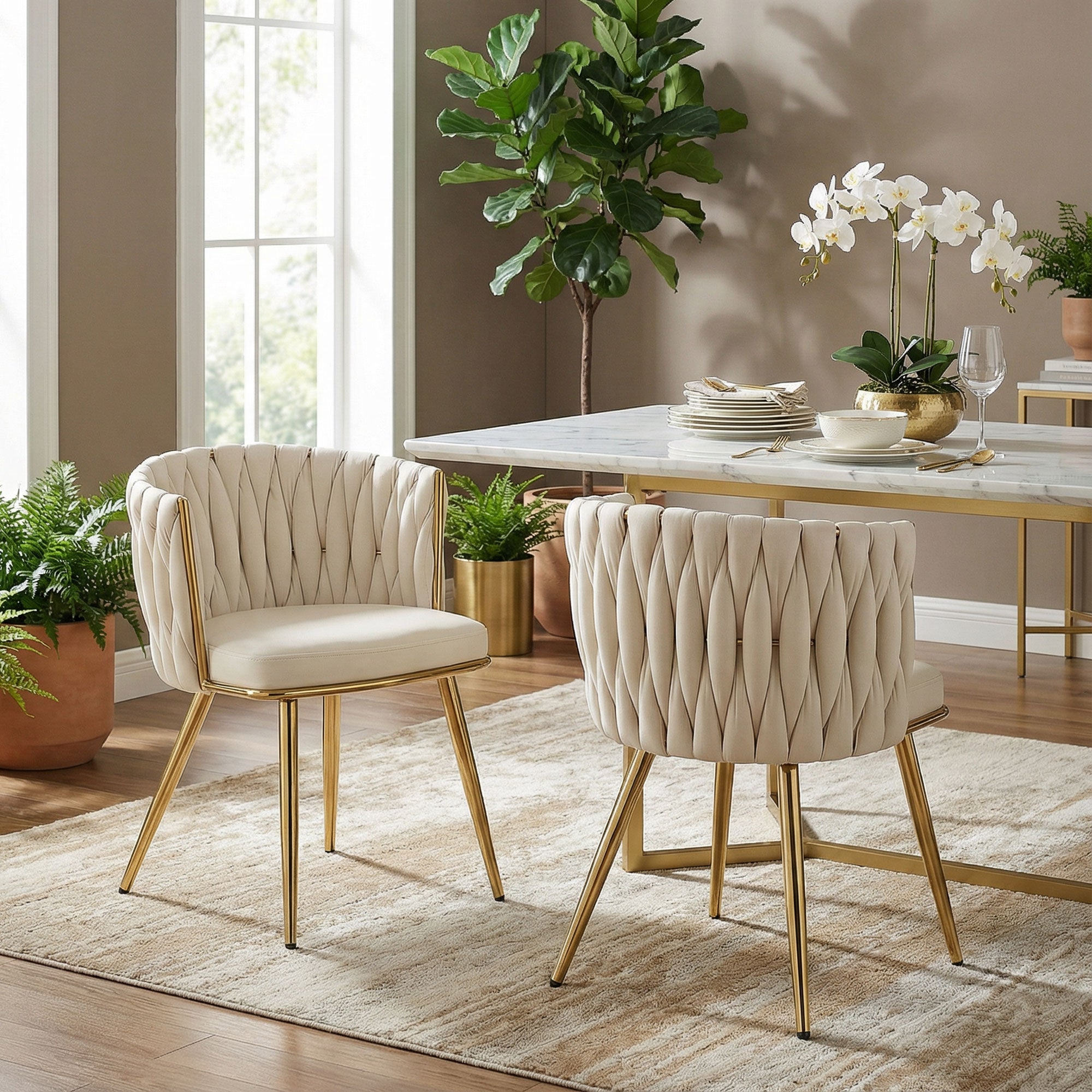 Modern Dining Chairs Set of 2, Velvet-Feel Upholstered Kitchen Chairs with Woven Backrest and Armrests, Metal Legs and Padded Seat for Dining Room, Living Room, Cream White