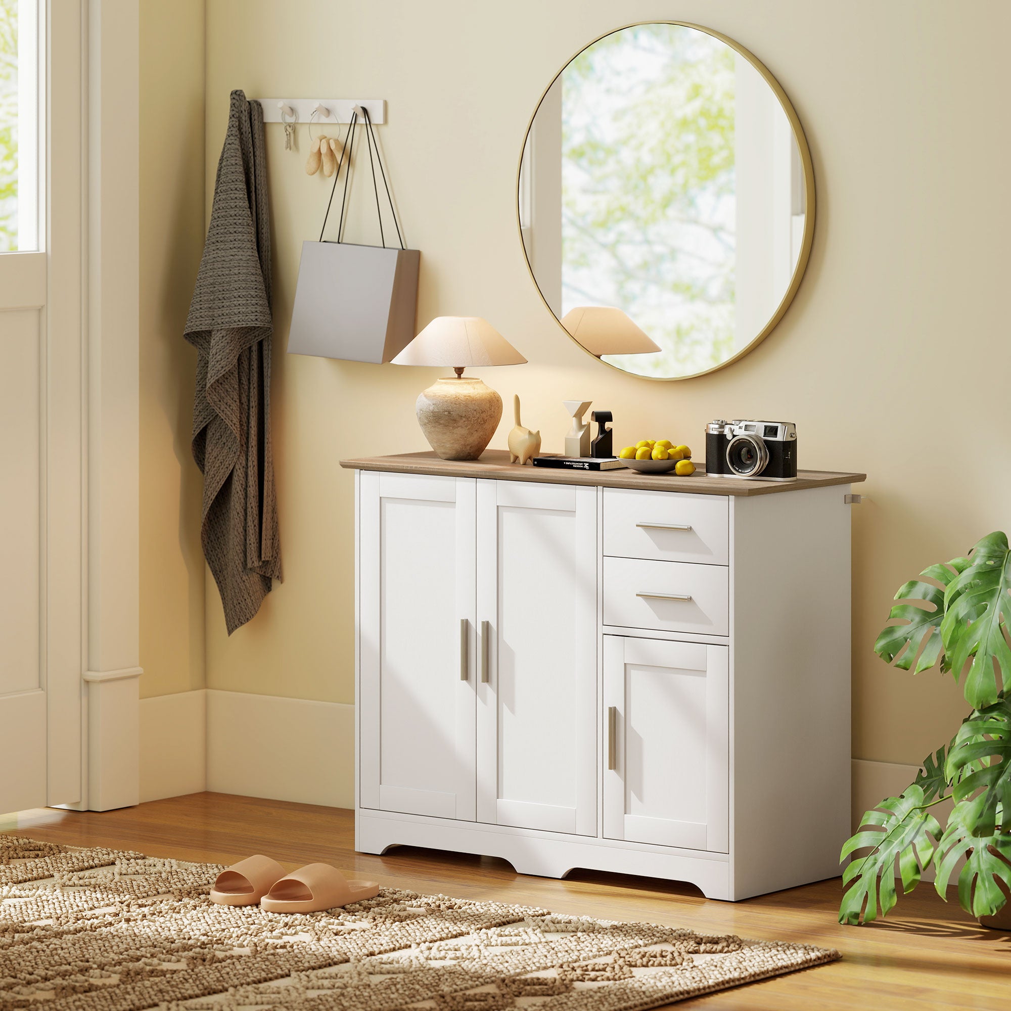 40" Sideboard Buffet Cabinet, Modern Kitchen Storage Cabinet with 2 Drawers, 3 Doors & Adjustable Shelf, Coffee Bar Station, White