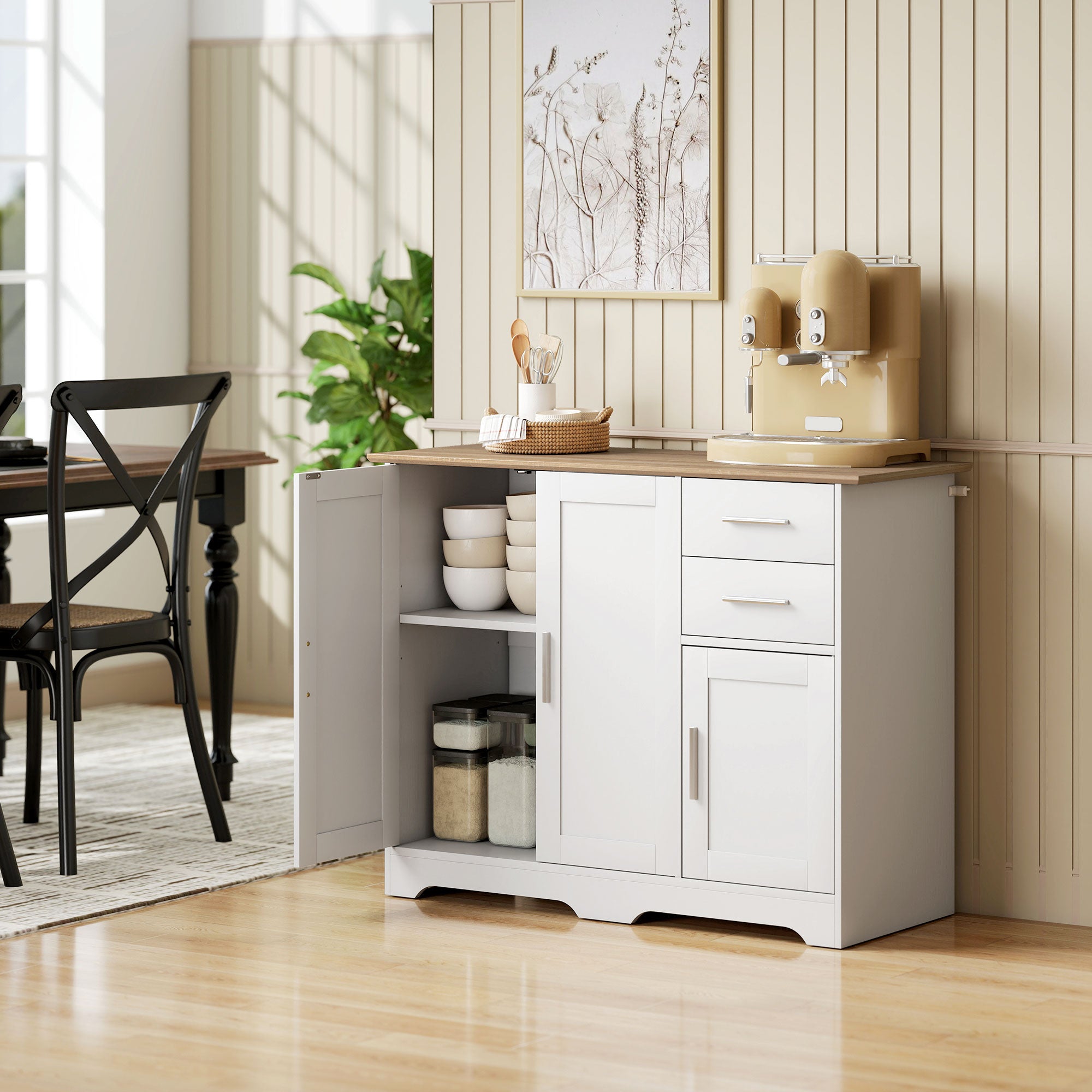 40" Sideboard Buffet Cabinet, Modern Kitchen Storage Cabinet with 2 Drawers, 3 Doors & Adjustable Shelf, Coffee Bar Station, White