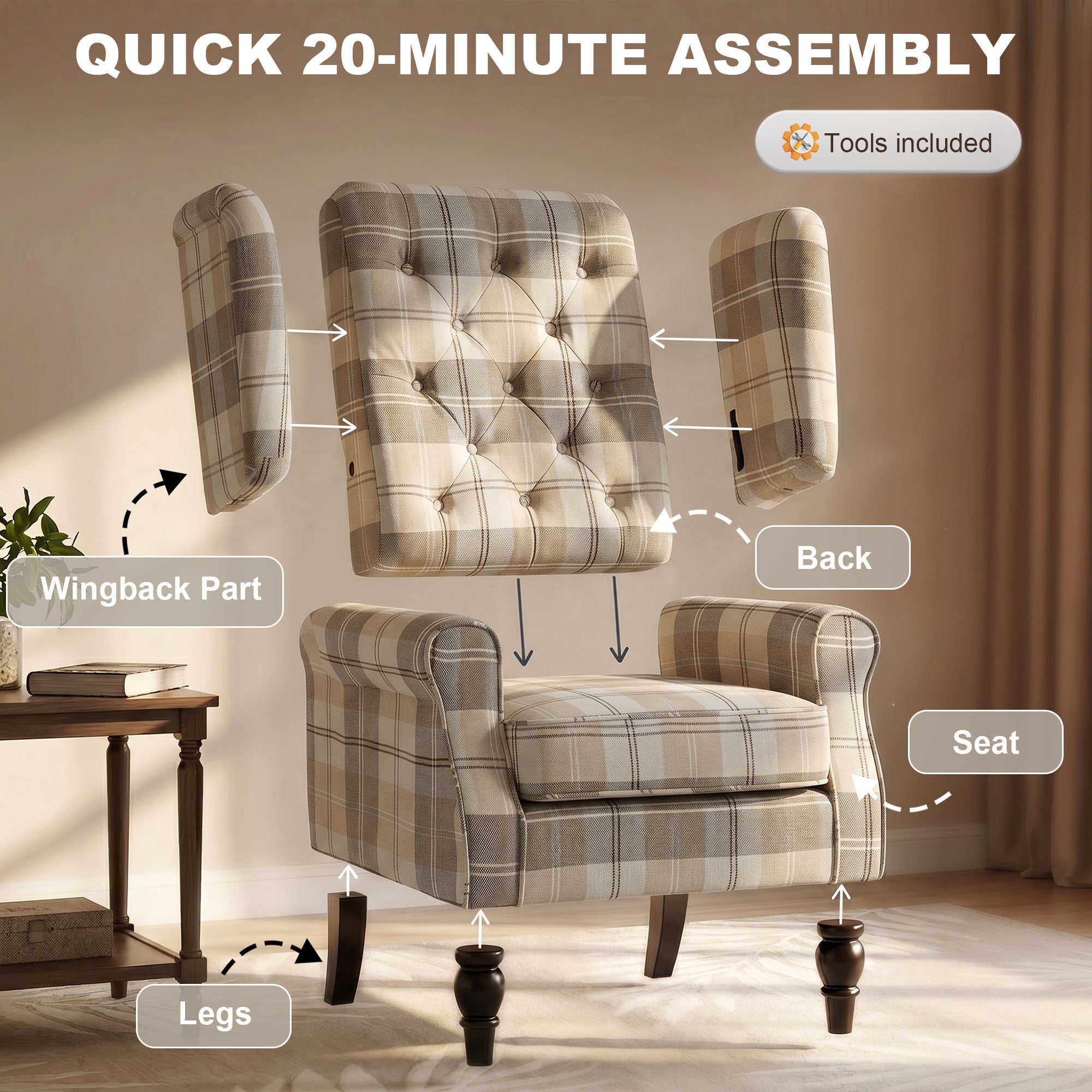 Wingback Accent Chair, Linen-Look Fabric Armchair with Thick Spring Cushion, High Back, Solid Wood Legs, Retro Button Tufted Reading Chair for Living Room, Bedroom, Khaki Plaid