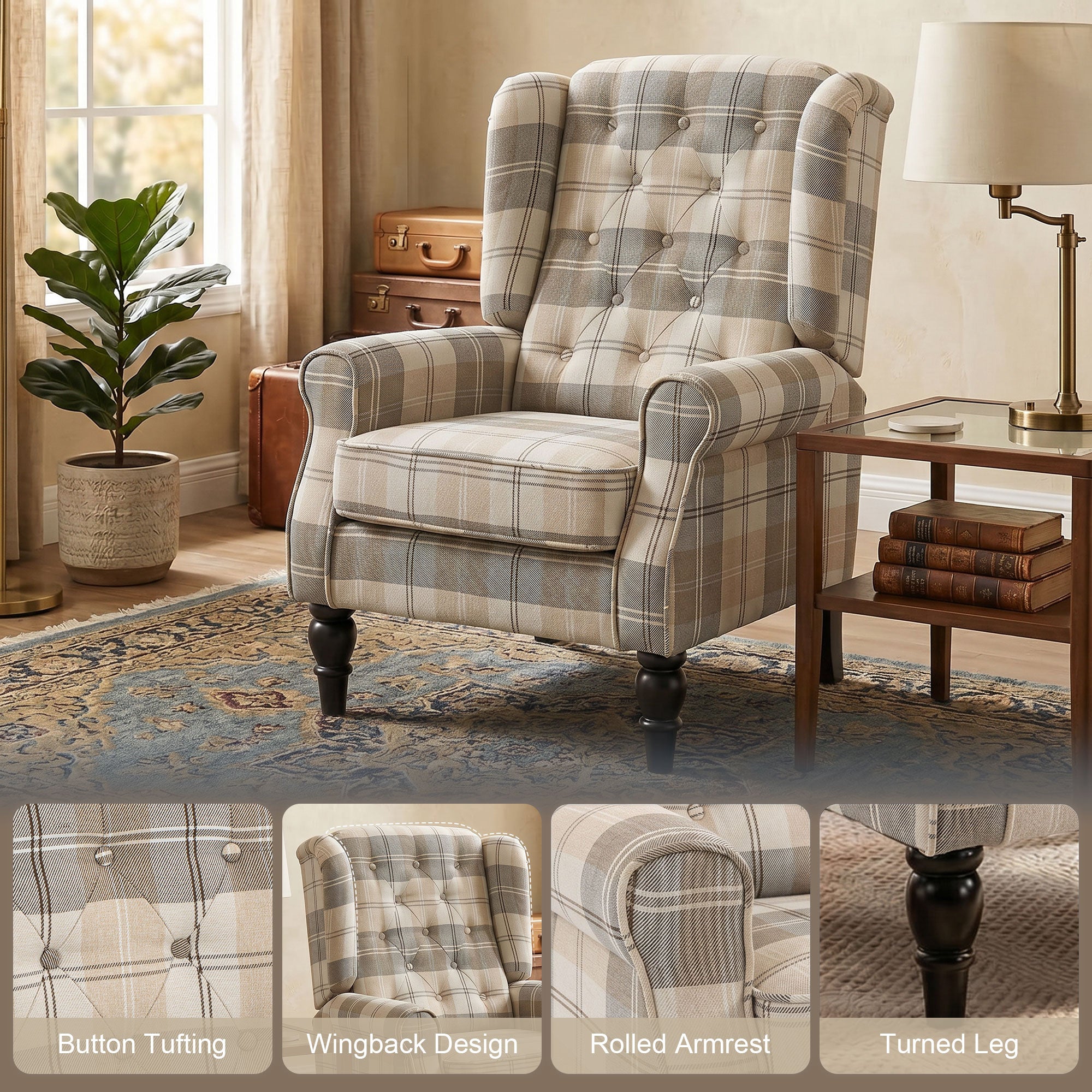 Wingback Accent Chair, Linen-Look Fabric Armchair with Thick Spring Cushion, High Back, Solid Wood Legs, Retro Button Tufted Reading Chair for Living Room, Bedroom, Khaki Plaid