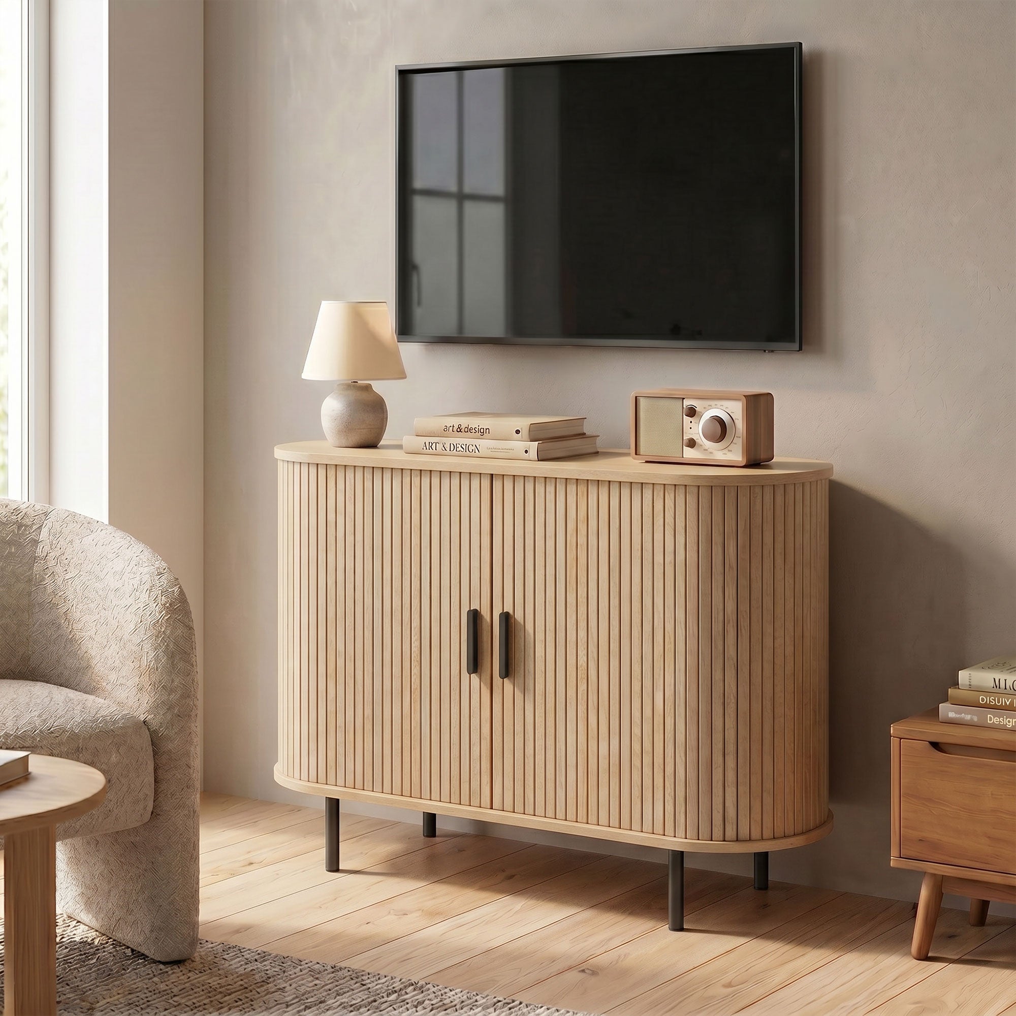 Sideboard Buffet Cabinet with Curved Tambour Doors, 39.4" Farmhouse Coffee Bar Cabinet with Shelves and Side Slots, Natural Wood