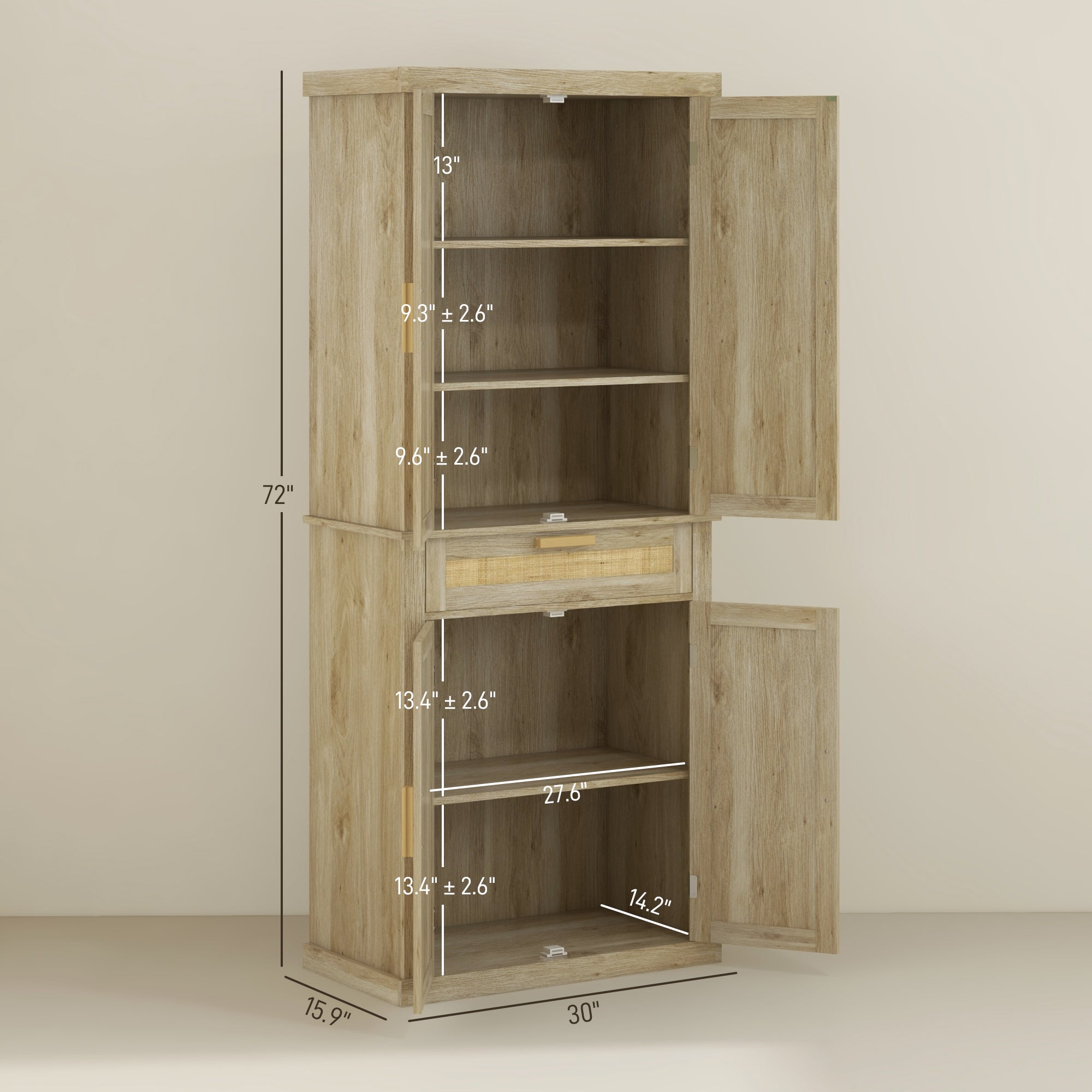 72" Tall Kitchen Pantry Cabinet w/ Rattan Doors, 5-Tier Shelf & Adjustable Shelves, Oak