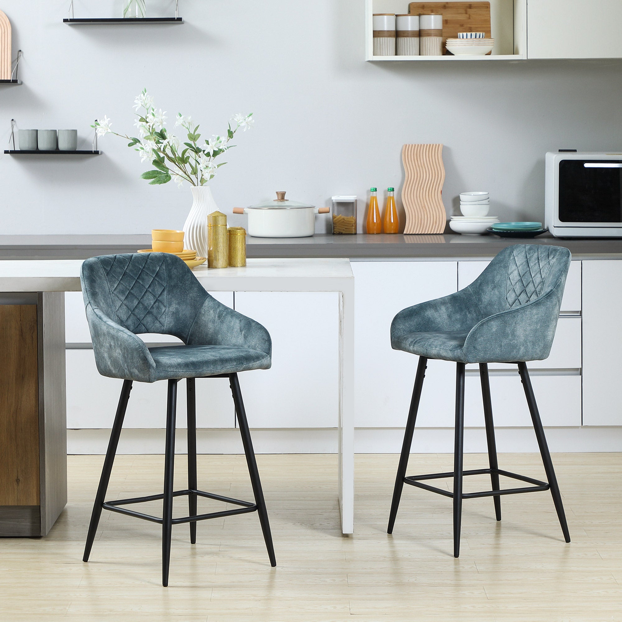 HOMCOM Bar Stools Set of 2, Velvet-Touch Fabric Counter Height Bar Chairs, Kitchen Stools with Steel Legs for Dining Area, Kitchen Island Barstools, Blue