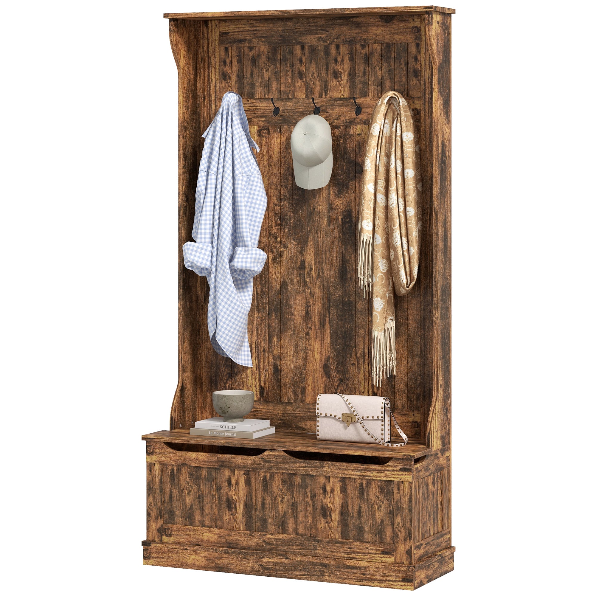 3-in-1 Entryway Bench, Coat Rack, Hall Tree, Shoe Storage & 5 Hooks, Rustic Brown