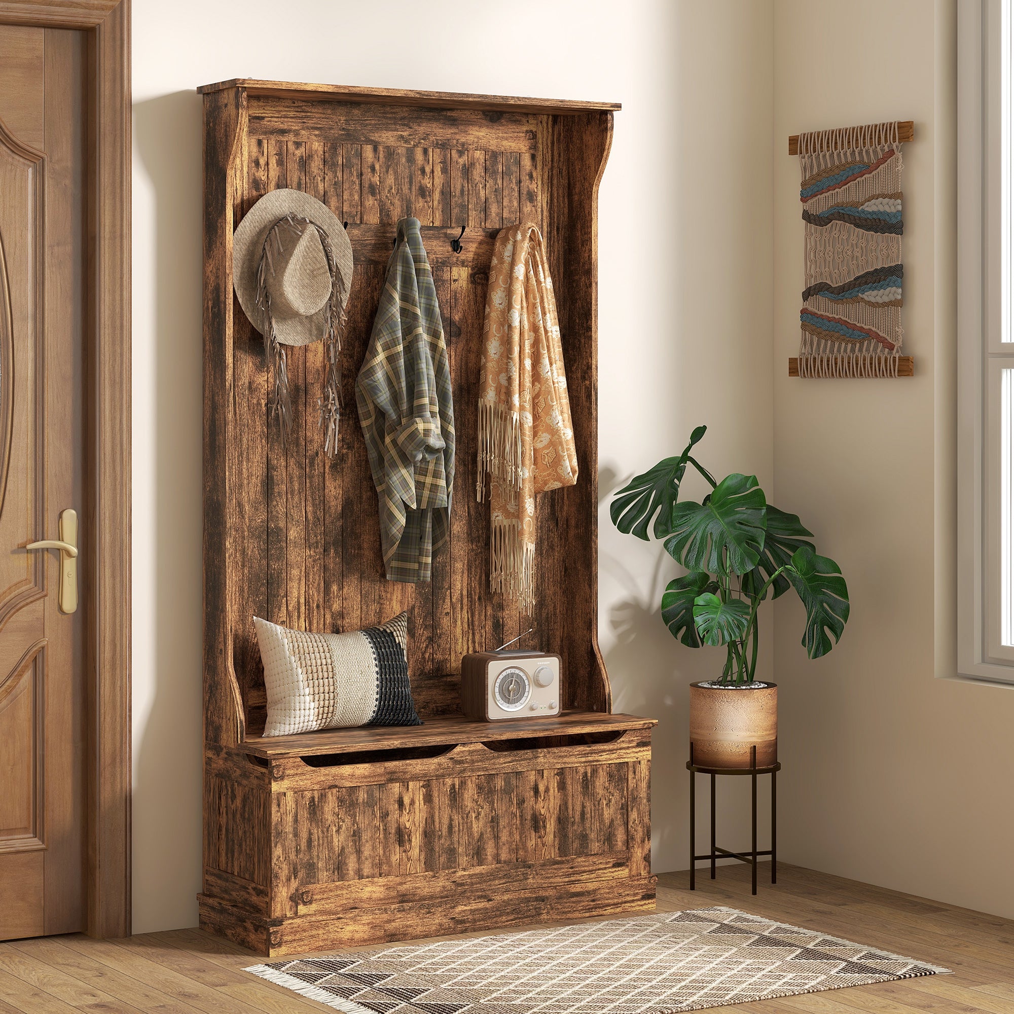 3-in-1 Entryway Bench, Coat Rack, Hall Tree, Shoe Storage & 5 Hooks, Rustic Brown