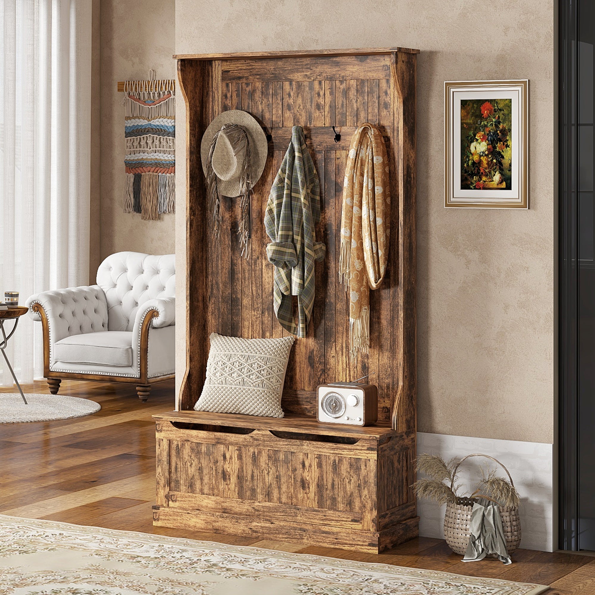 3-in-1 Entryway Bench, Coat Rack, Hall Tree, Shoe Storage & 5 Hooks, Rustic Brown