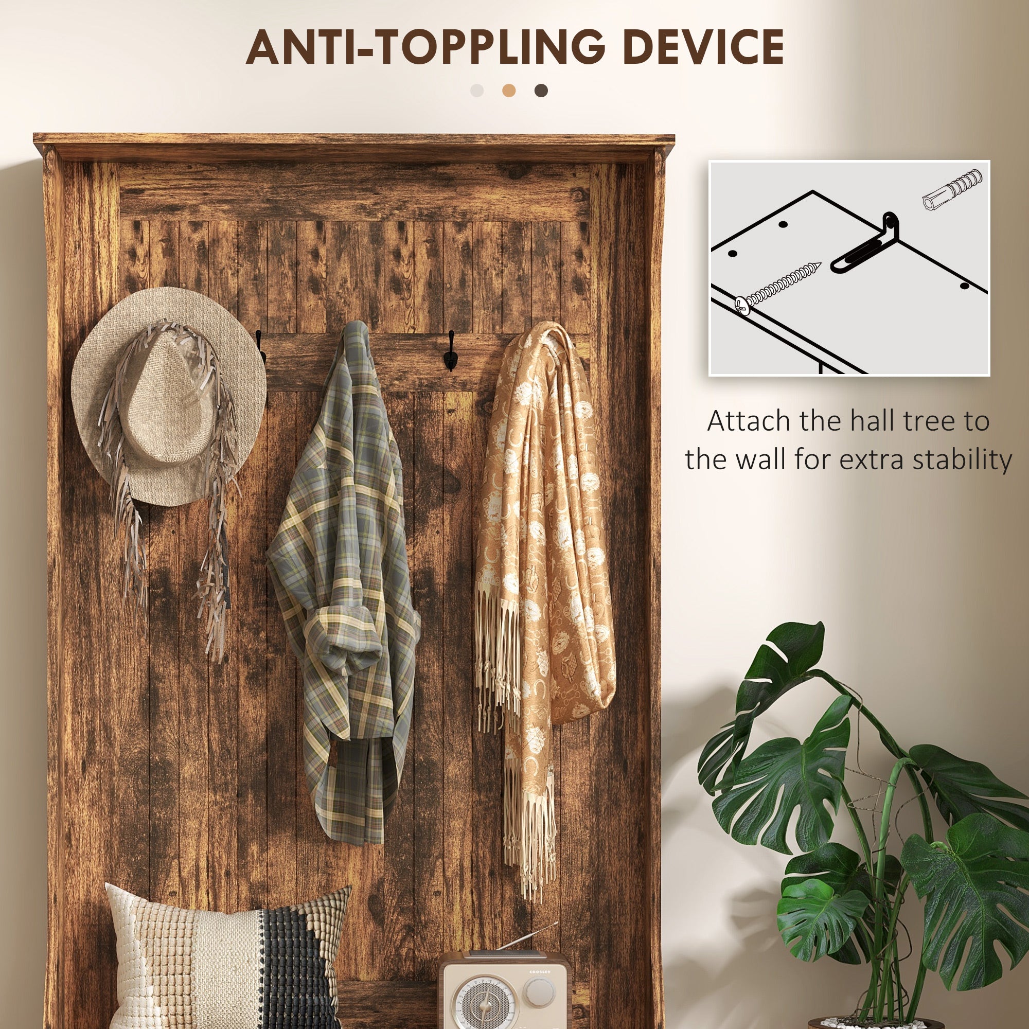 3-in-1 Entryway Bench, Coat Rack, Hall Tree, Shoe Storage & 5 Hooks, Rustic Brown