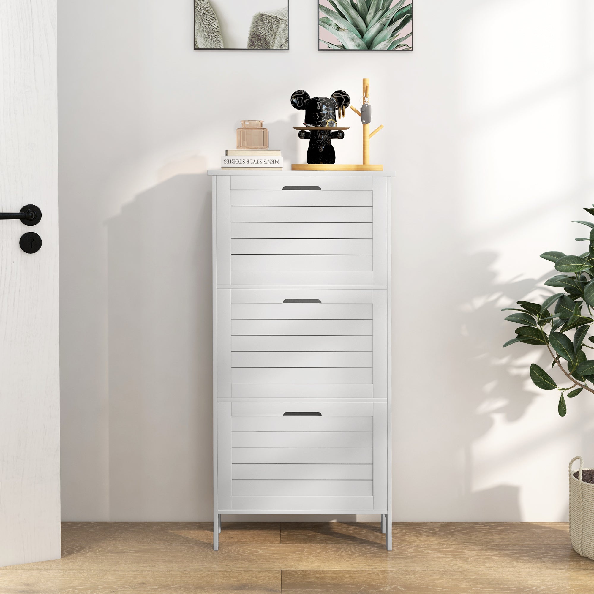 Shoe Storage Cabinet with 3 Flip Drawers and Louvered Doors for 6 Pairs of Shoes, White