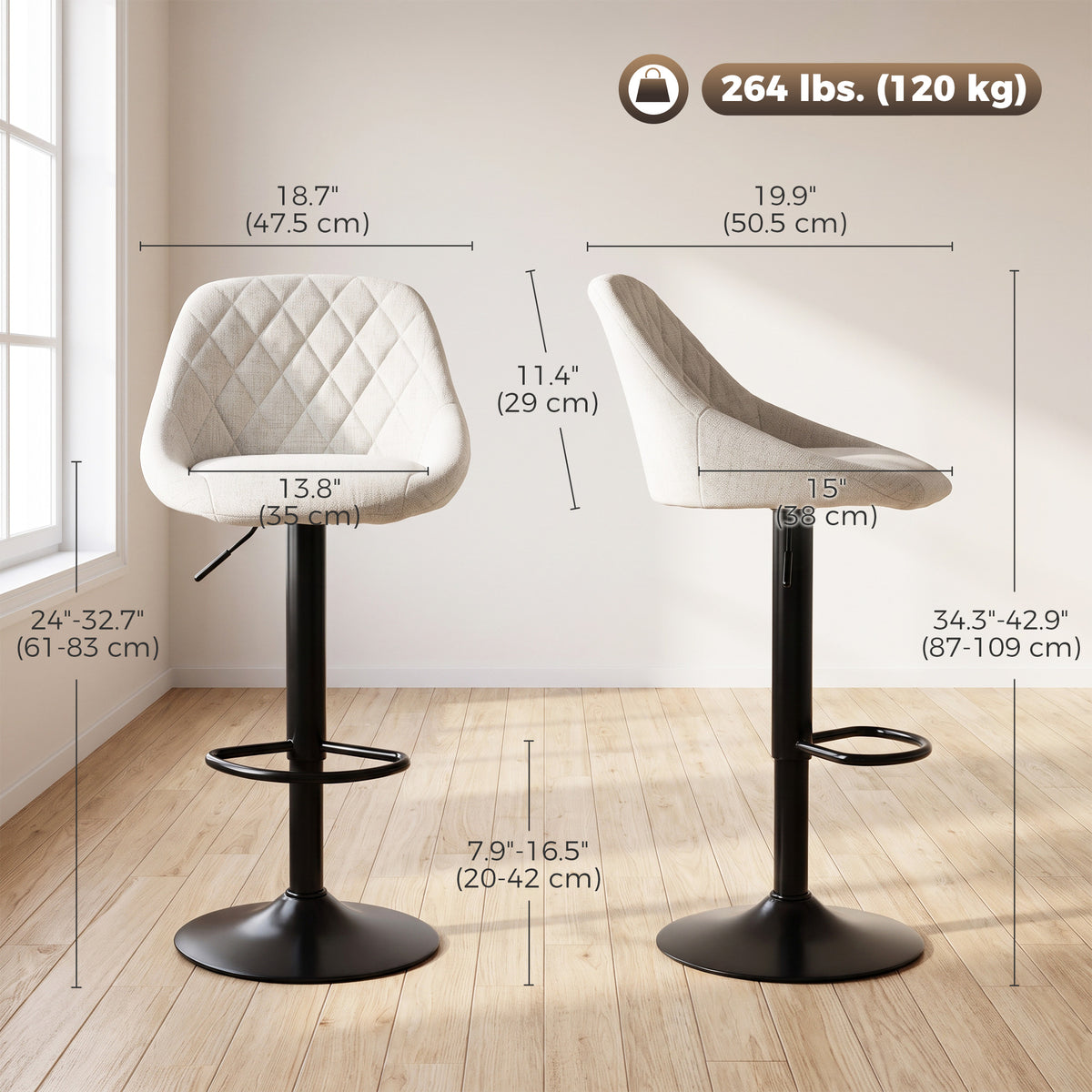Bar Stools Set of 3, Swivel Counter Height Bar Stools with Backrest, Modern Adjustable Linen-Look Bar Chairs, Armless for Kitchen Island, Cream White