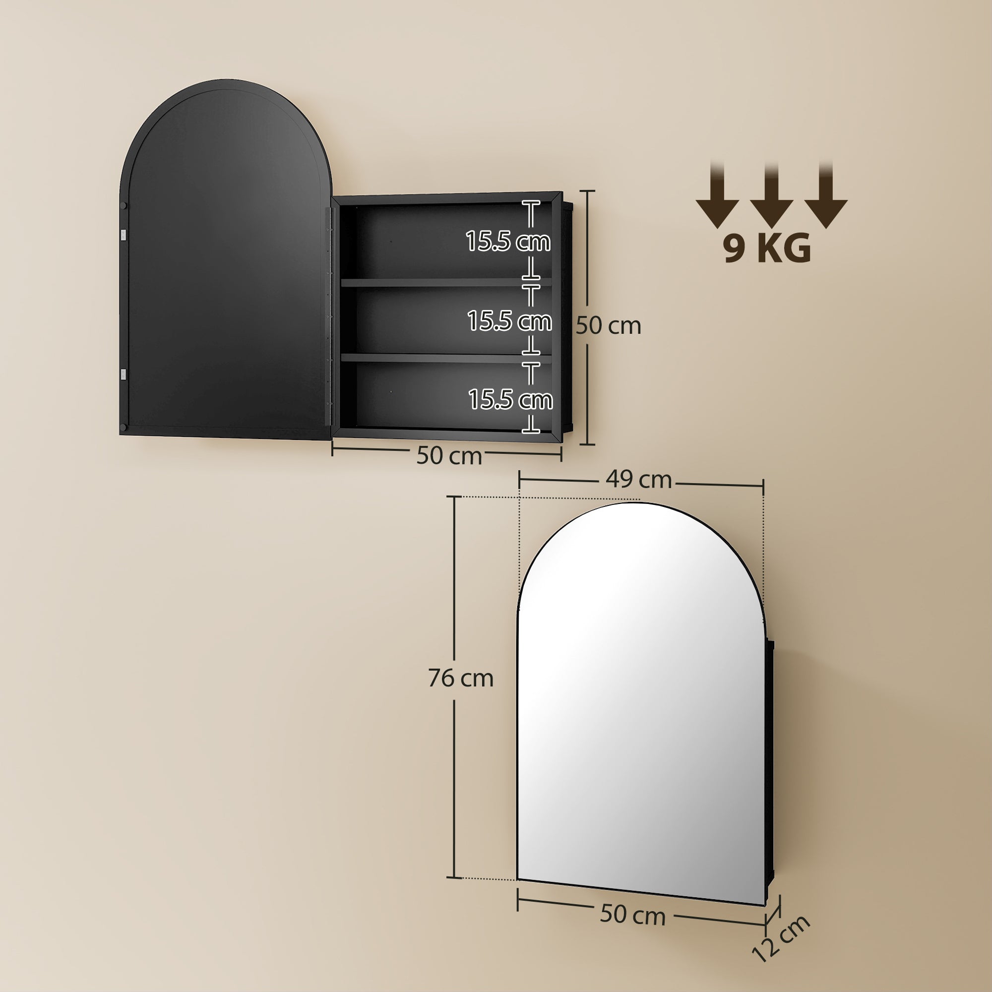 Arched Bathroom Mirror Cabinet, Bathroom Wall Cabinet with Mirror and Storage Shelves, 50 x 76 cm, Black