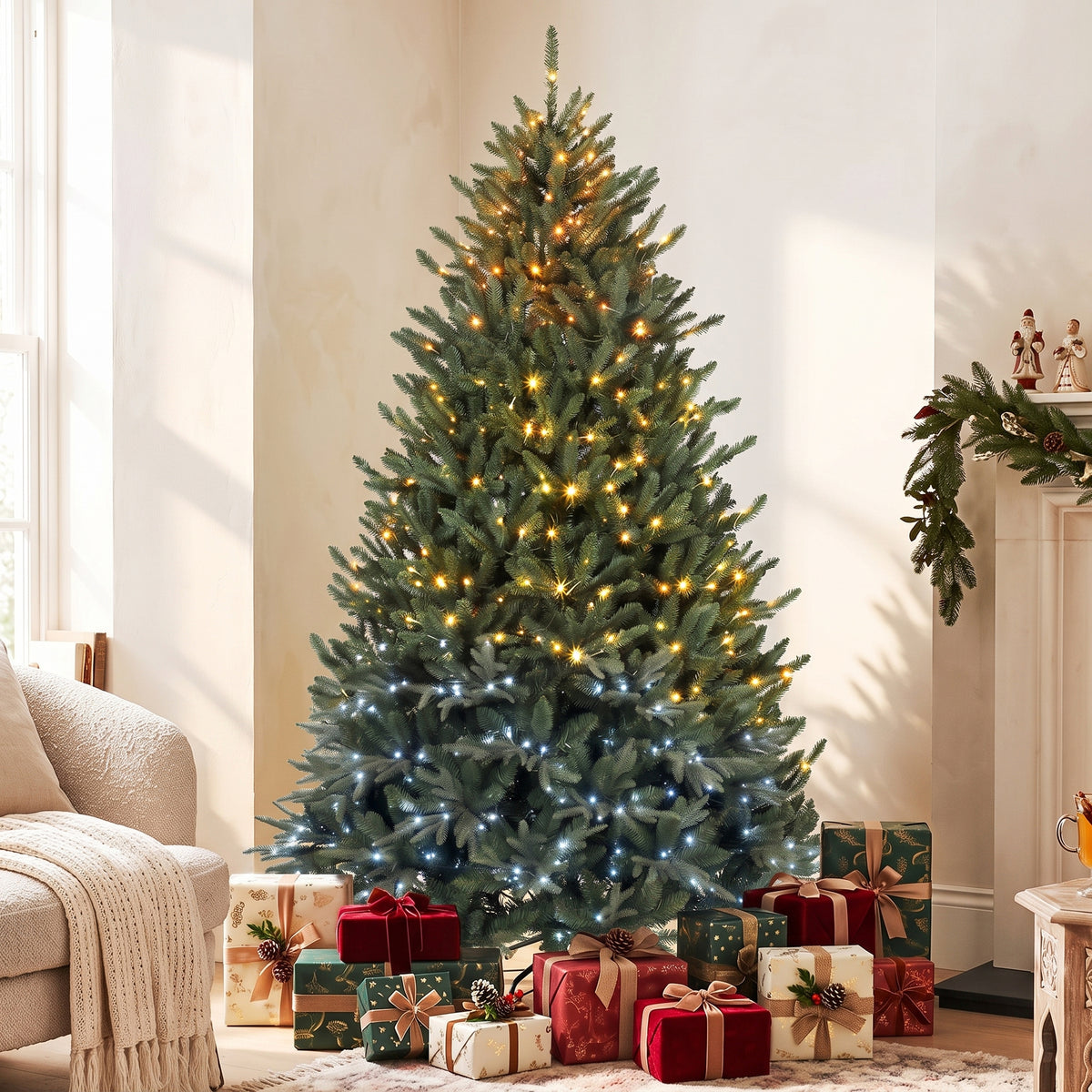 7.5ft Prelit Christmas Tree with Colourful DIY LEDs, Frasier Grande Fir, Hinged Xmas Tree with Remote, 12 Modes, Daily Timer, Dense Tips, Adjustable Brightness