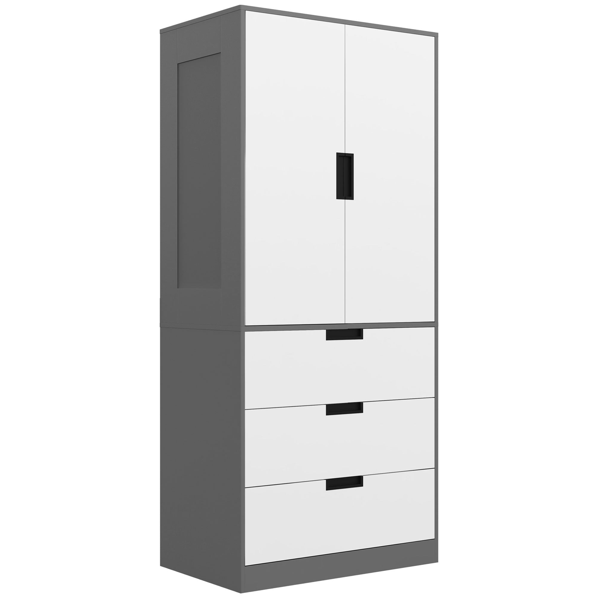 HOMCOM 3 Drawer 2 Door Wardrobe, Modern Clothes Storage Cupboard Unit with Hanging Rod, Bedroom Wardrobe with Soft Closing Hinge, 50D x 80W x 180H,Grey
