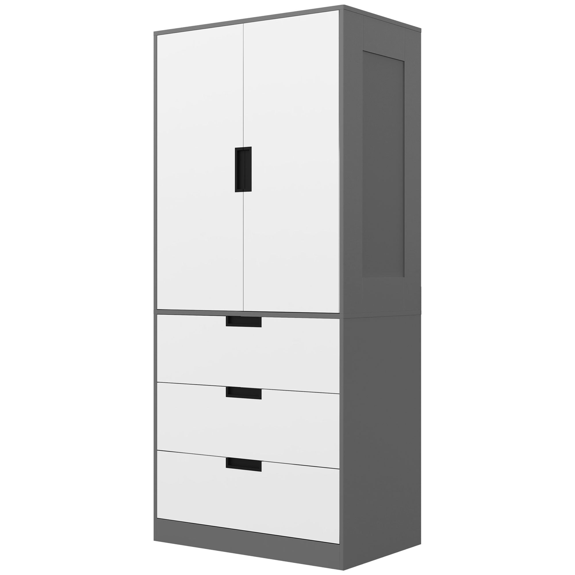 HOMCOM 3 Drawer 2 Door Wardrobe, Modern Clothes Storage Cupboard Unit with Hanging Rod, Bedroom Wardrobe with Soft Closing Hinge, 50D x 80W x 180H,Grey