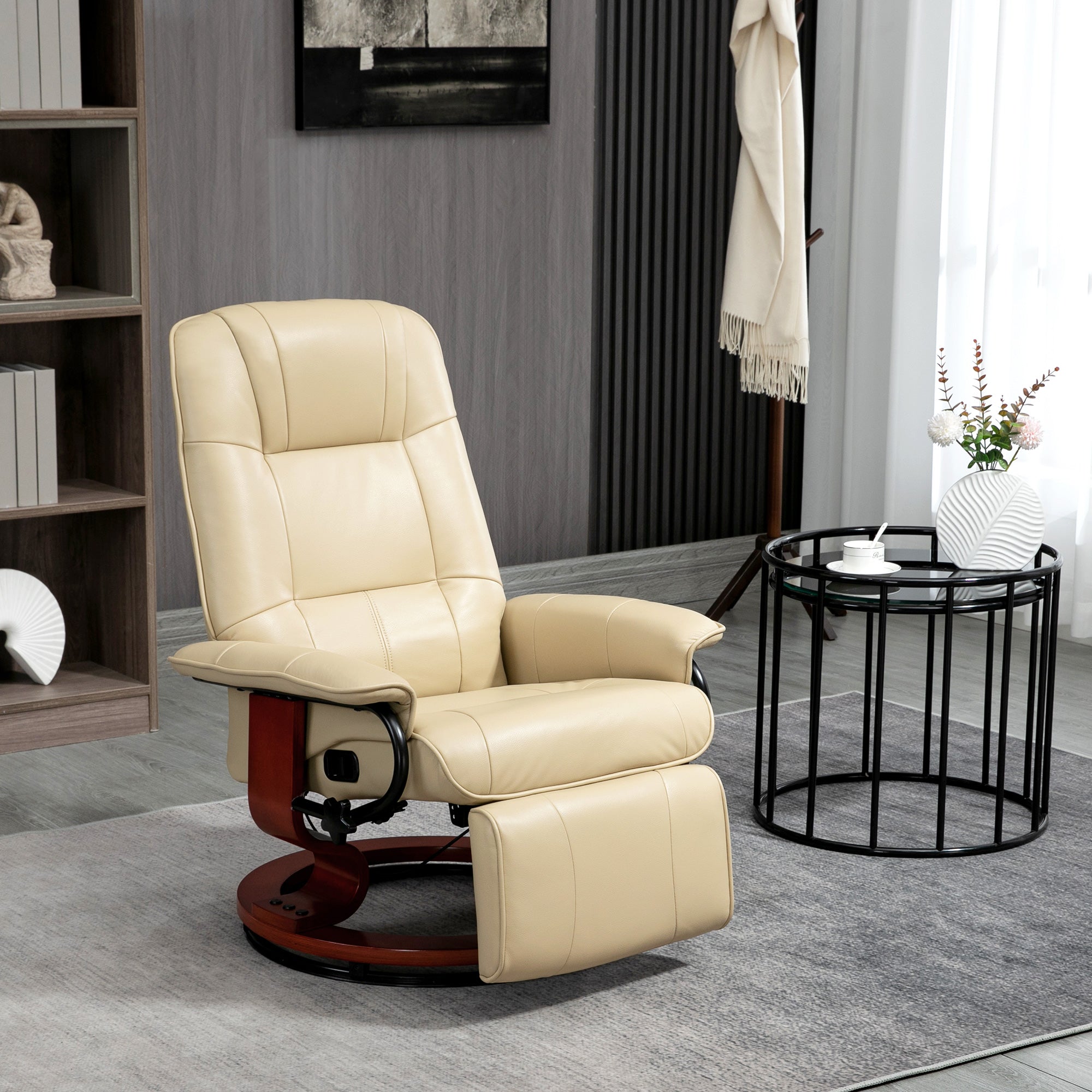 Faux Leather Recliner Chair, Swivel Recliner w/ Footrest, Armrest & Wood Base, Cream White - HOMCOM