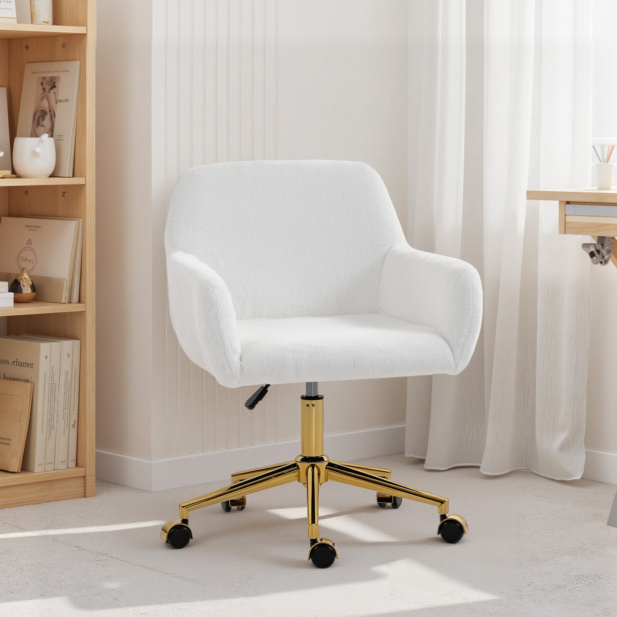 Swivel Office Chair, Faux Rabbit Fur Upholstered Vanity Desk Chair with Adjustable Height, Armrests and Wheels for Office, Makeup, Dressing Table, Cream White