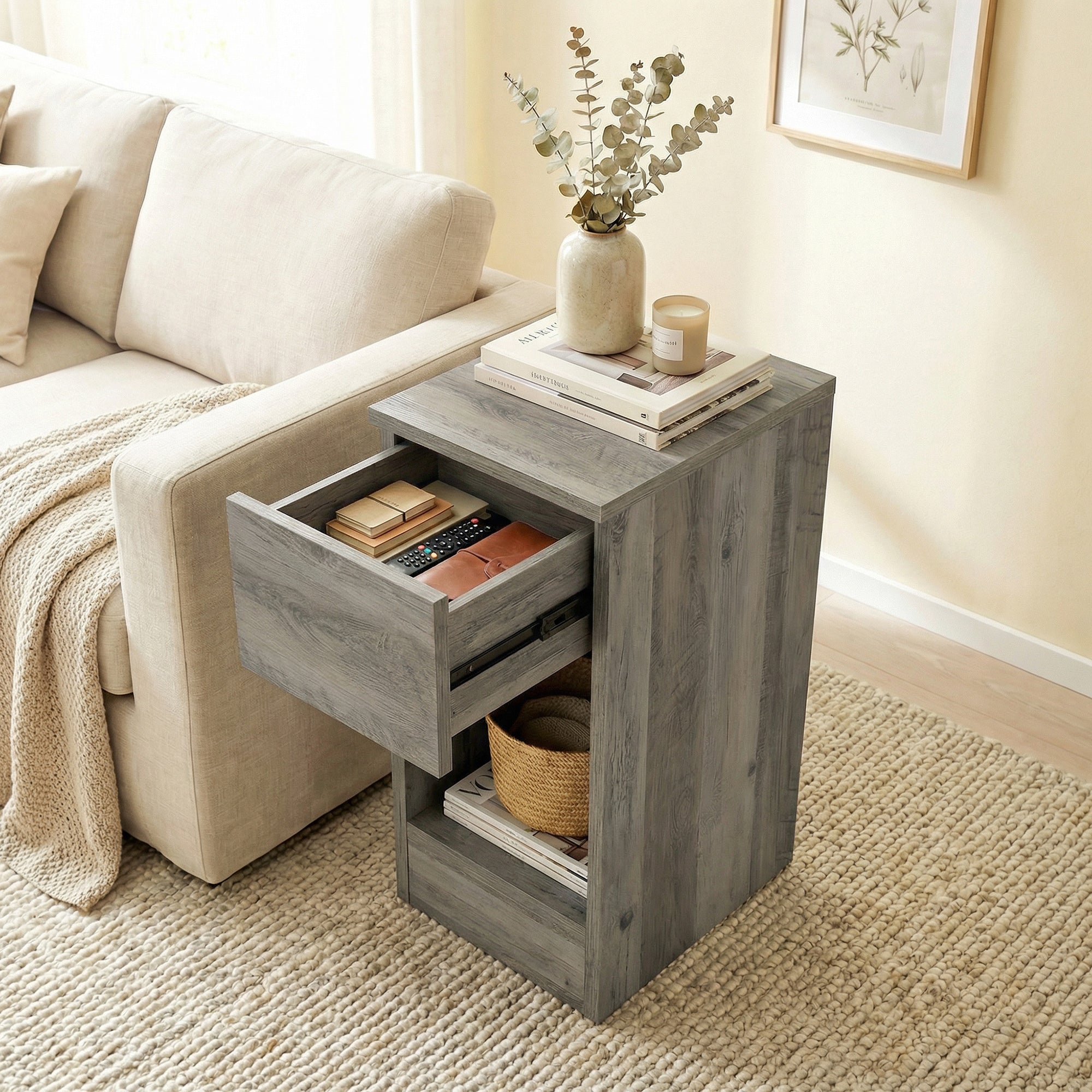 Bedside Tables Set of 2, Modern Side Tables with Drawer and Shelf, Nightstands for Bedroom, Living Room, Grey