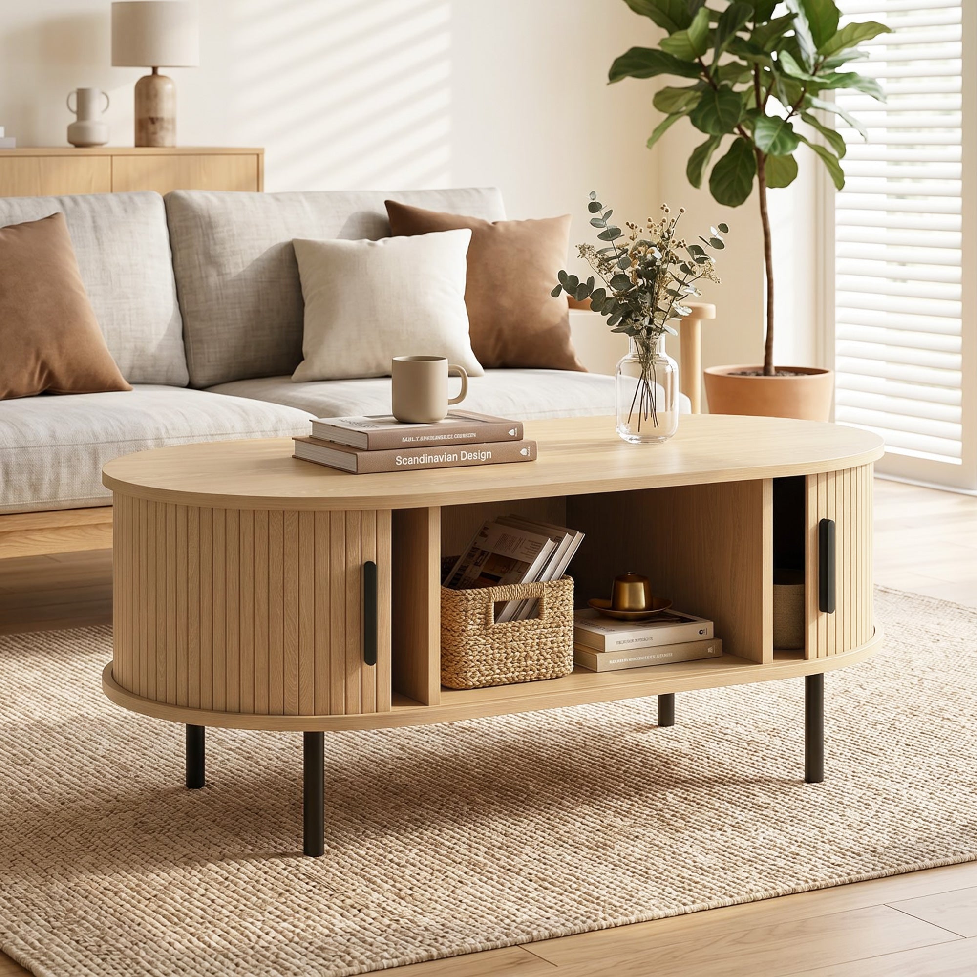 Mid-Century Modern Coffee Table, Center Table for Living Room with Storage, Sliding Tambour Doors, Rounded Edges and Metal Legs, Natural Wood Effect