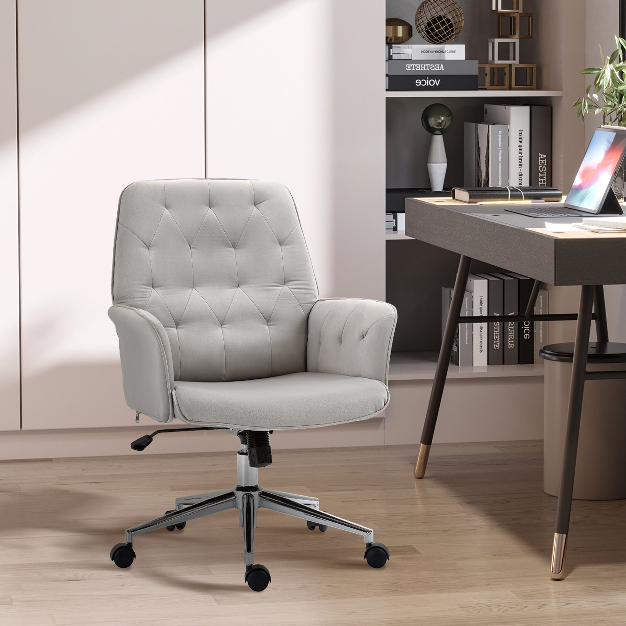Velvet Home Office Chair Tufted Height Adjustable Desk Chair with Swivel Wheels Light Gray
