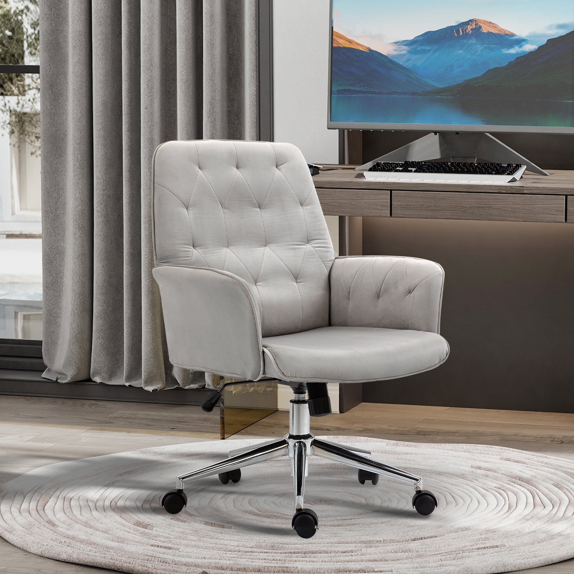 Velvet Home Office Chair Tufted Height Adjustable Desk Chair with Swivel Wheels Light Gray