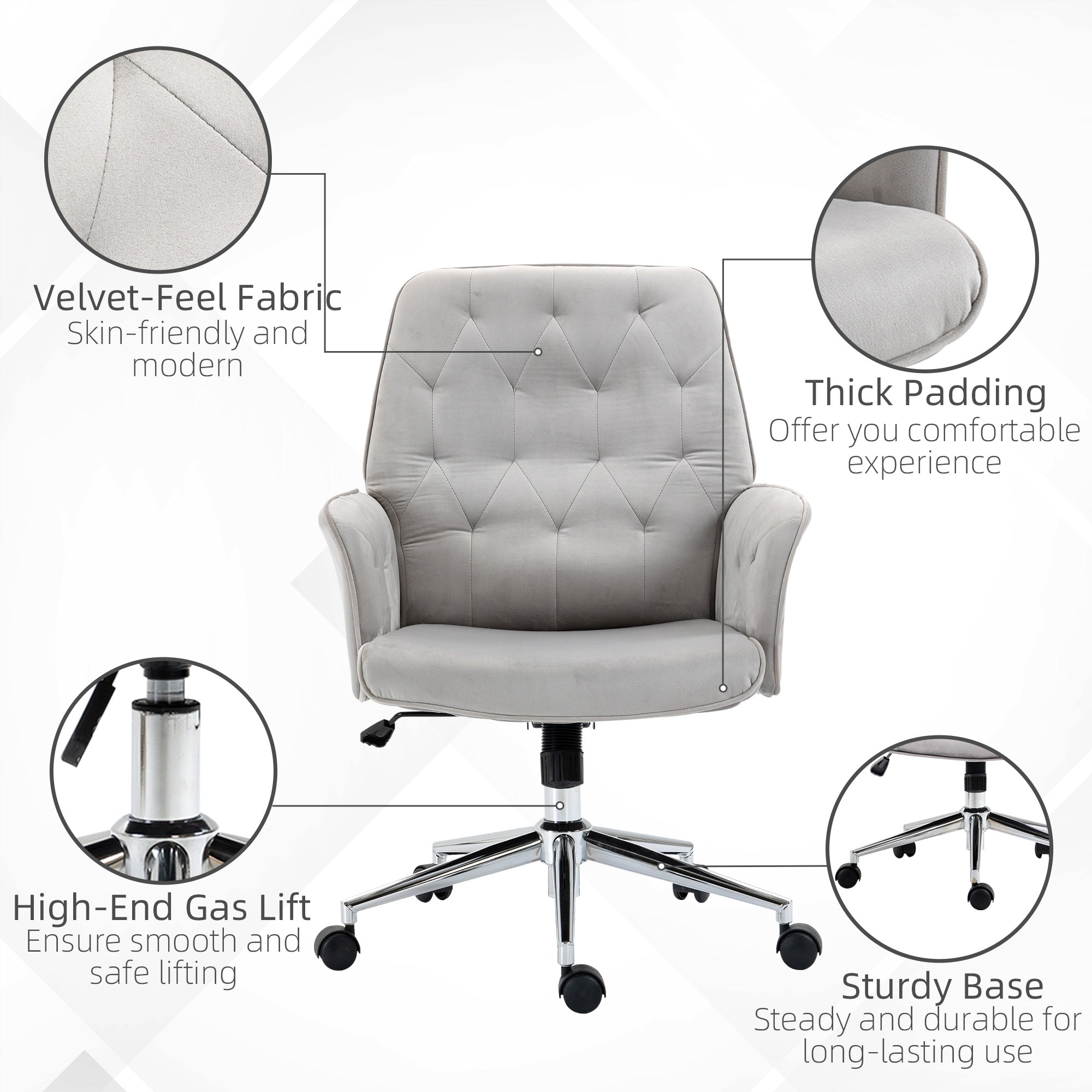 Velvet Home Office Chair Tufted Height Adjustable Desk Chair with Swivel Wheels Light Gray