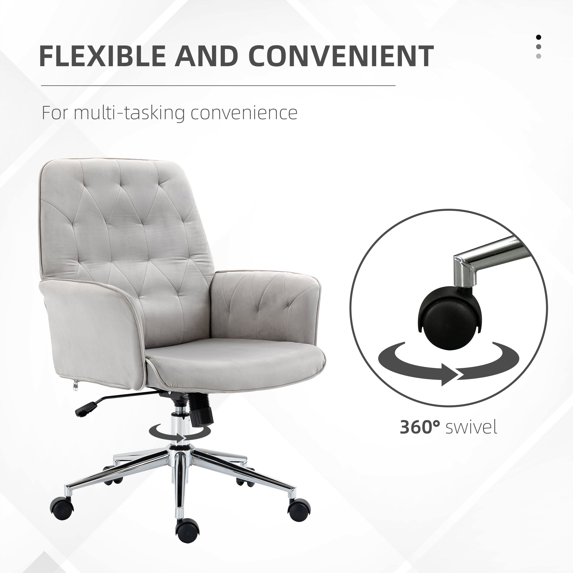 Velvet Home Office Chair Tufted Height Adjustable Desk Chair with Swivel Wheels Light Gray