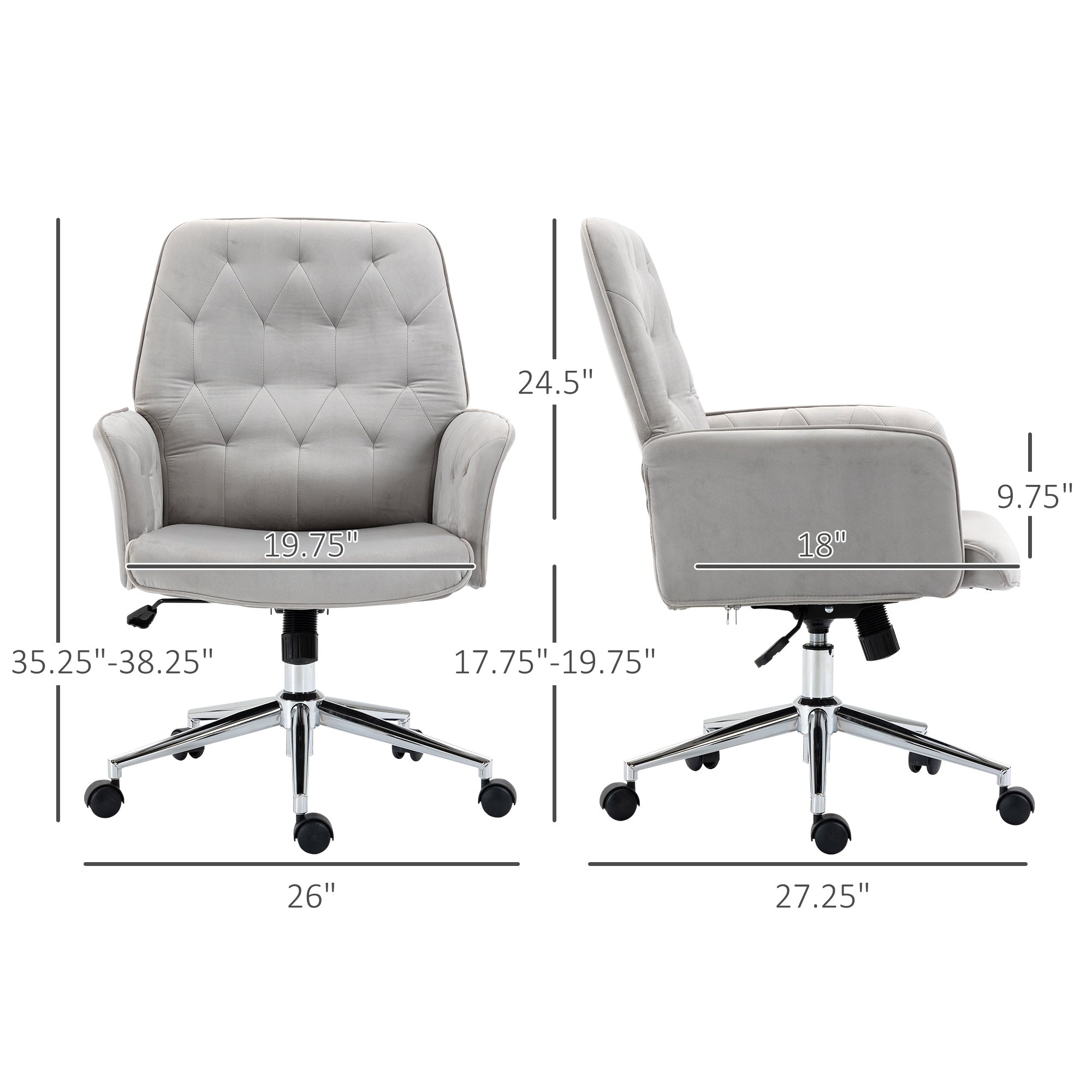 Velvet Home Office Chair Tufted Height Adjustable Desk Chair with Swivel Wheels Light Gray