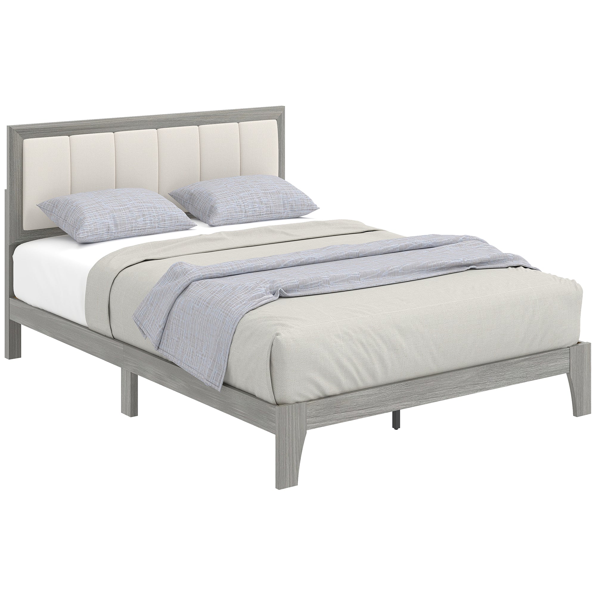 Full Size Bed Frame with Upholstered Headboard, Platform Bed Frame with Wooden Slats, No Box Spring Needed, Easy Assembly, Gray
