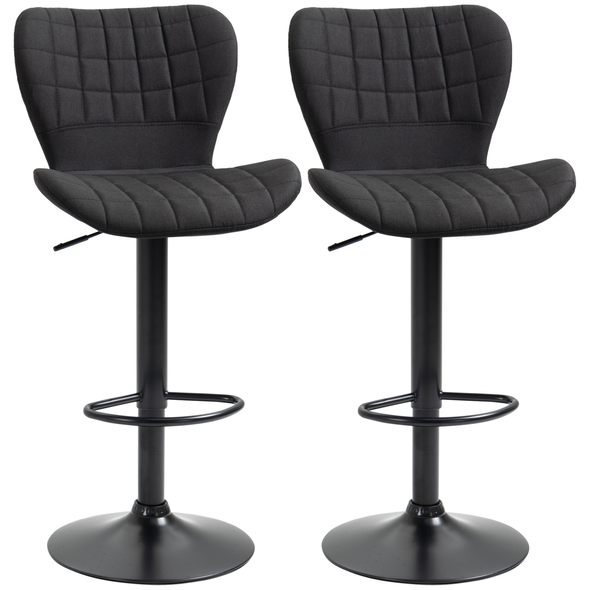 HOMCOM Bar Stools Set of 2, Adjustable Height Swivel Bar Chairs, Linen-feel Fabric Upholstered Kitchen Counter Stools with Wide Seat, Back and Footrest, Black