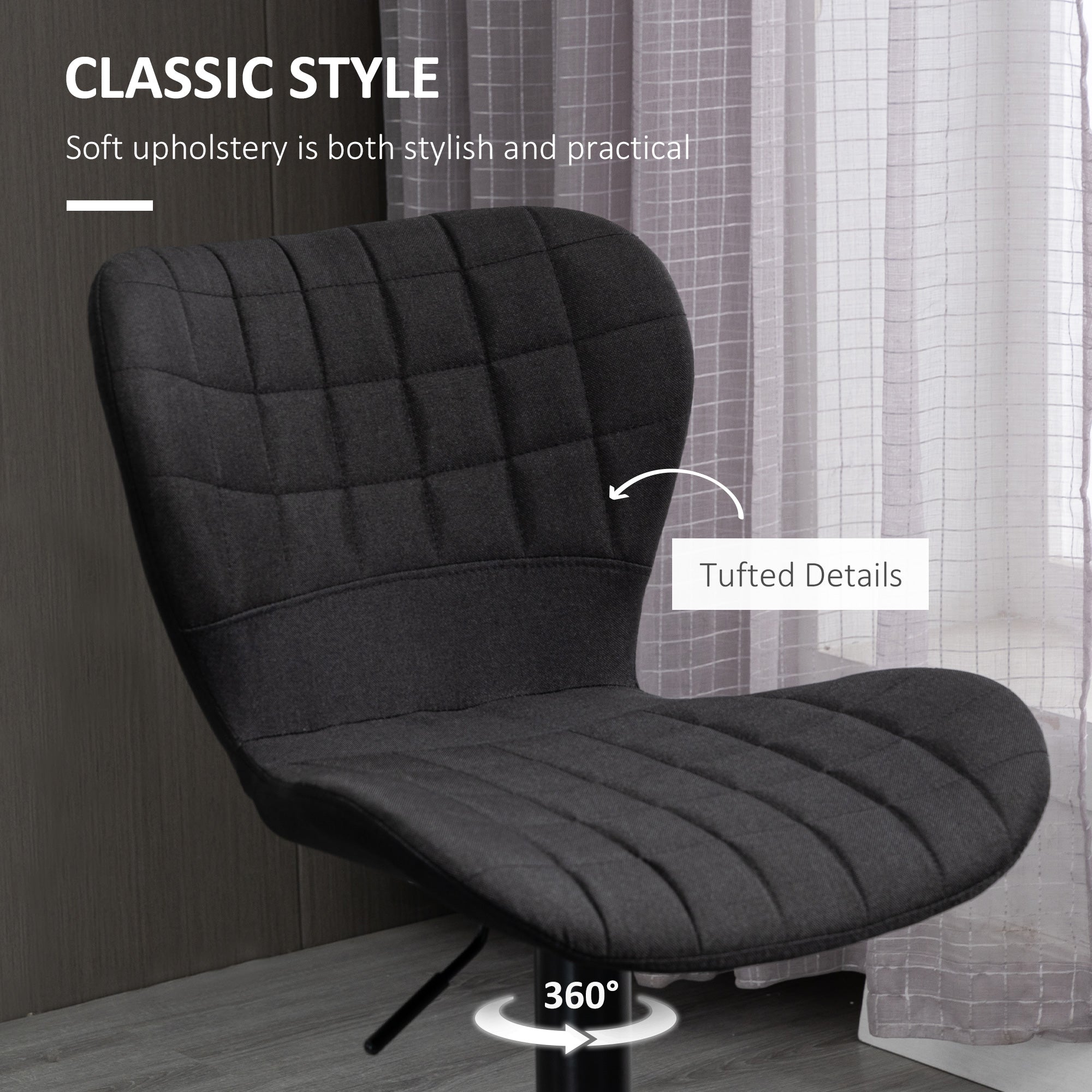 HOMCOM Bar Stools Set of 2, Adjustable Height Swivel Bar Chairs, Linen-feel Fabric Upholstered Kitchen Counter Stools with Wide Seat, Back and Footrest, Black