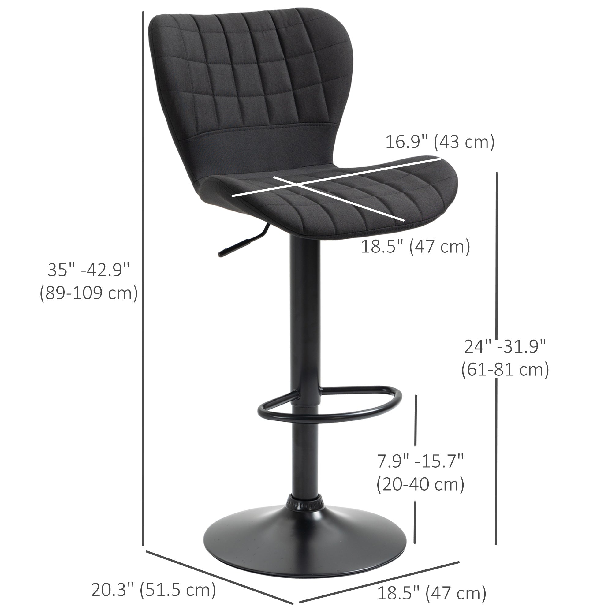 HOMCOM Bar Stools Set of 2, Adjustable Height Swivel Bar Chairs, Linen-feel Fabric Upholstered Kitchen Counter Stools with Wide Seat, Back and Footrest, Black