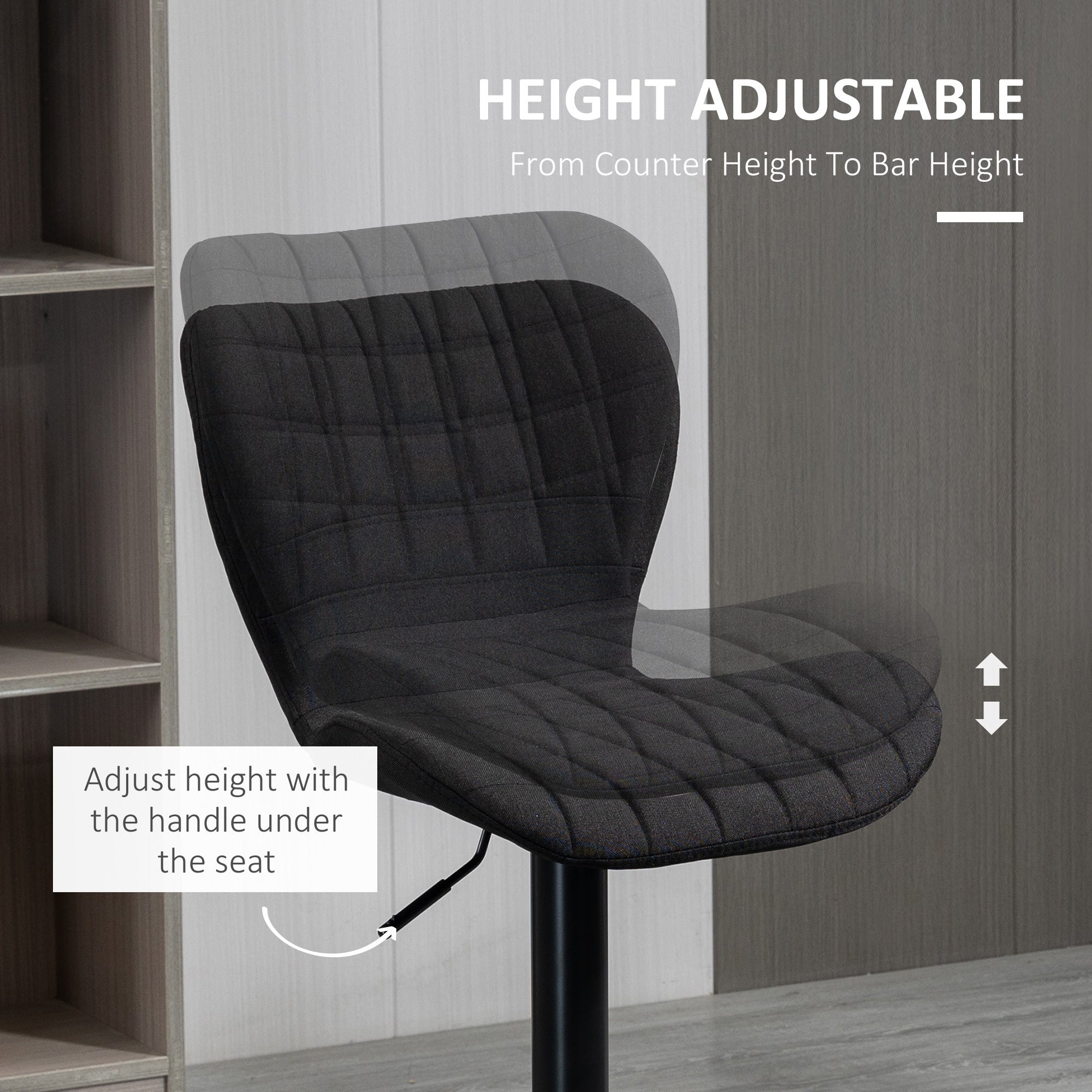 HOMCOM Bar Stools Set of 2, Adjustable Height Swivel Bar Chairs, Linen-feel Fabric Upholstered Kitchen Counter Stools with Wide Seat, Back and Footrest, Black