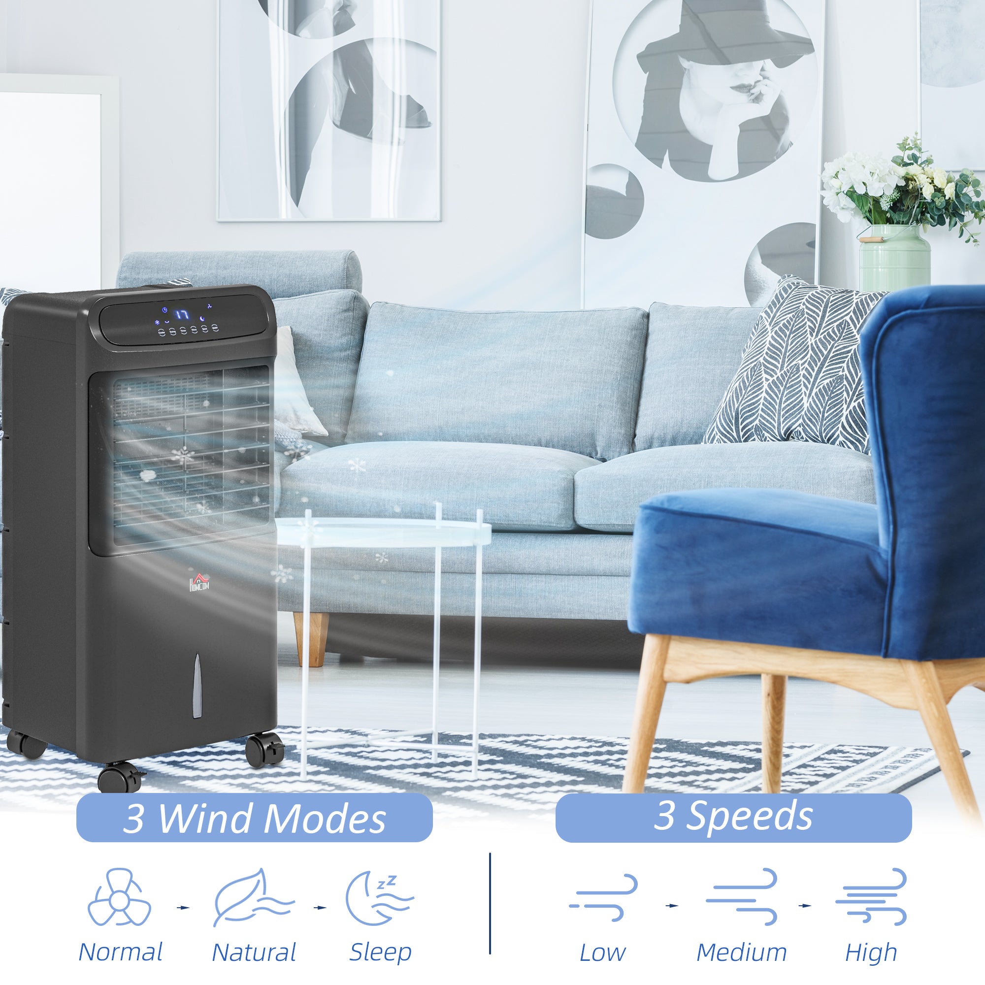 3-In-1 Ice Cooling Fan, Mobile Evaporative Air Cooler with Remote, Timer, Oscillating for Home Office, Bedroom, Black - HOMCOM