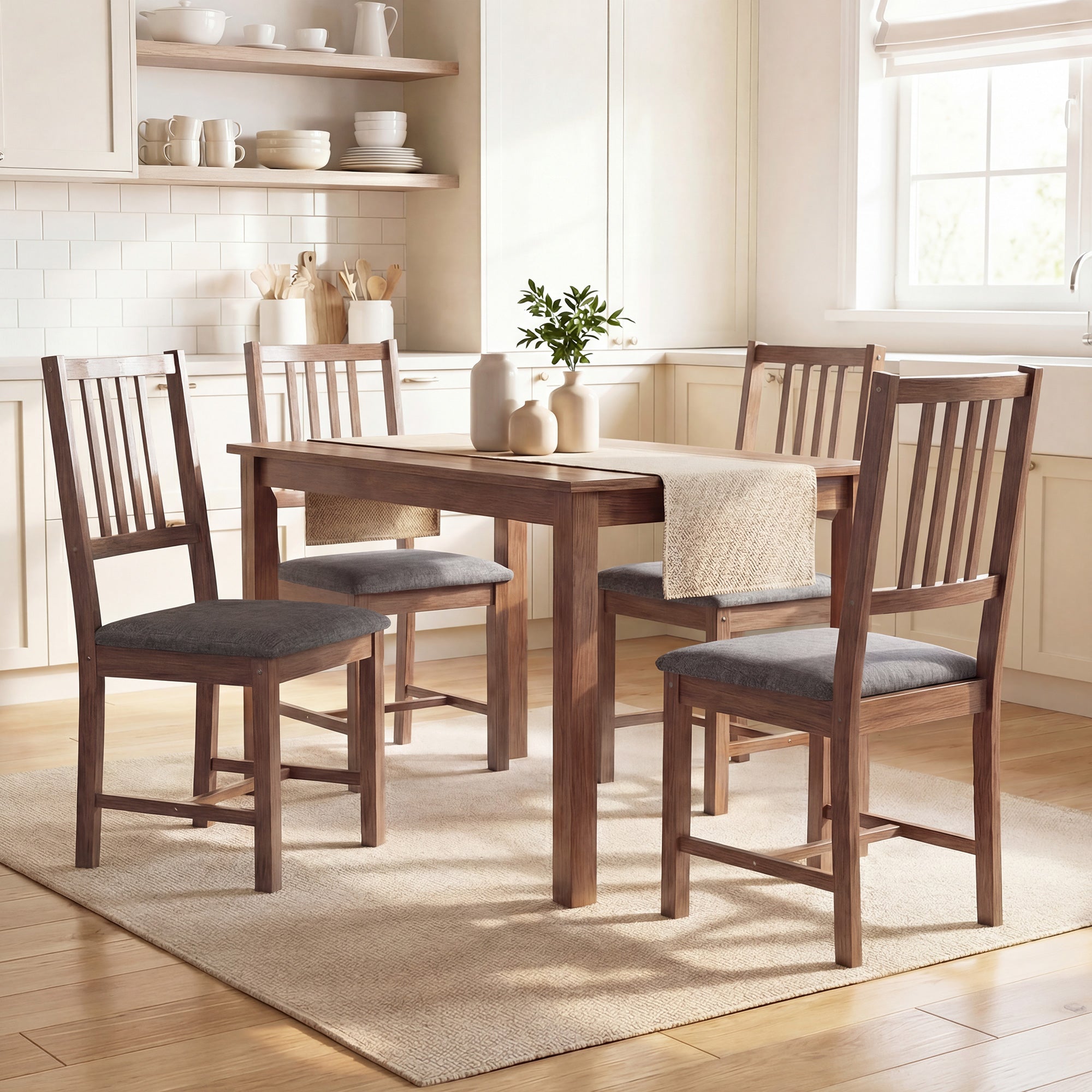 Wooden Dining Chairs Set of 4, Mid-Century Modern Upholstered Kitchen Chairs with Slat Backrest, Rubberwood Legs and Padded Seat for Dining Room, Living Room, Gray