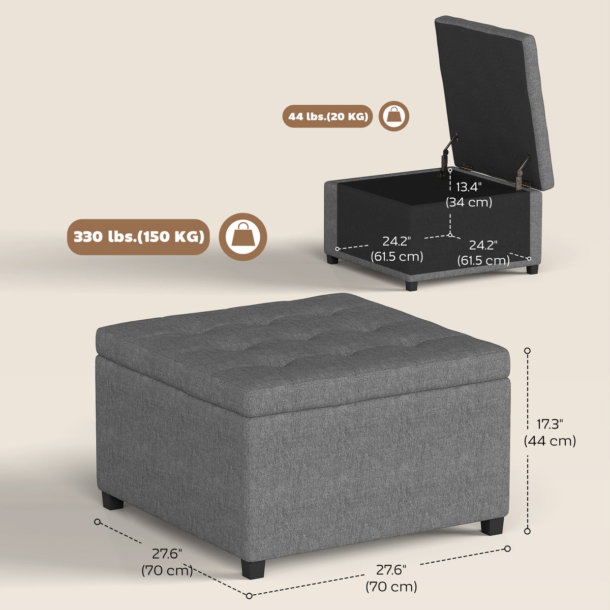 Linen-touch Tufted Storage Ottoman Upholstered Accent Bench Seat Cube Storage Box Footrest Stool, Dark Grey