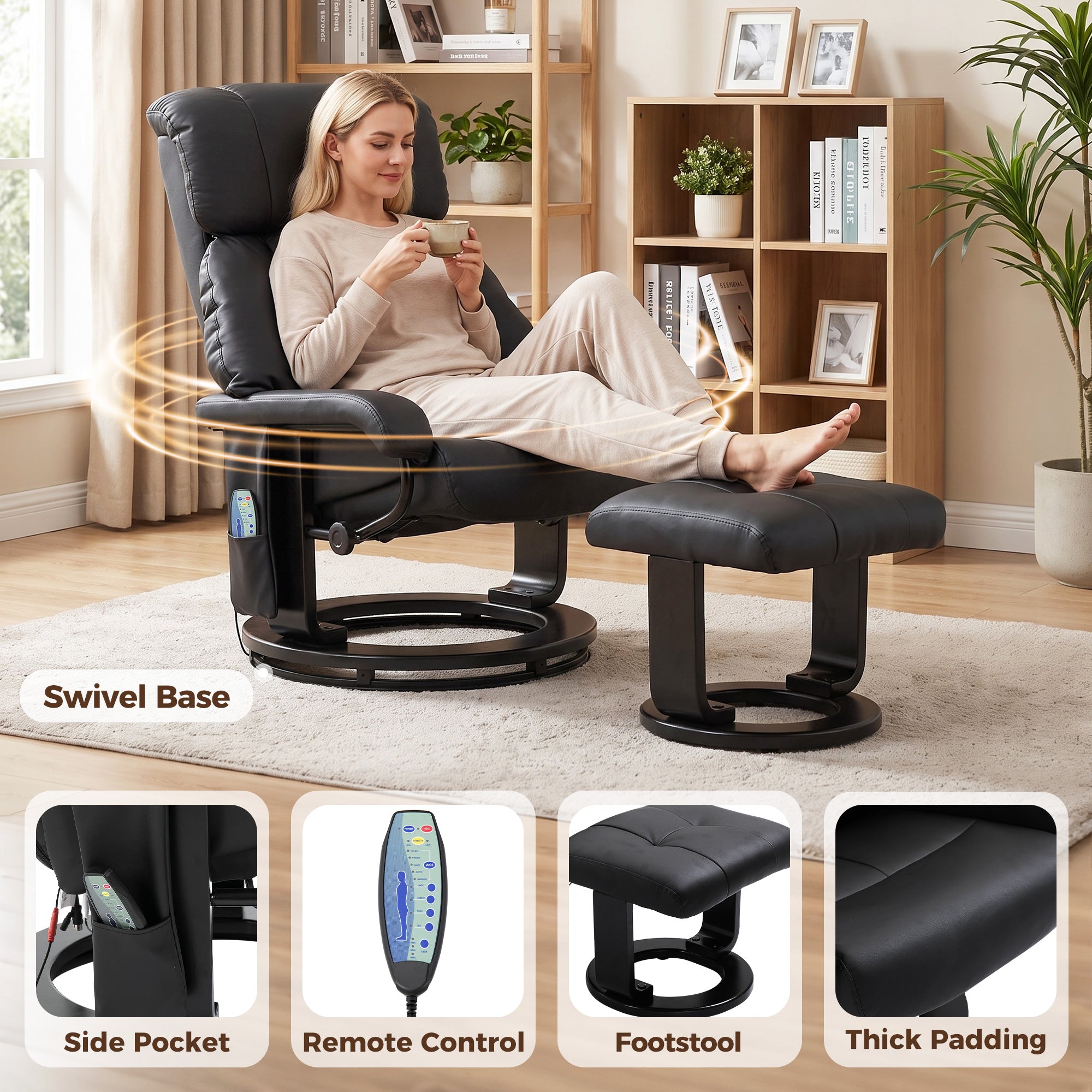 Massage Recliner Chair with Ottoman, 360° Swivel Recliner and Footstool, 10-Point Vibration, PU Leather Reclining Chair with Remote Control, Black