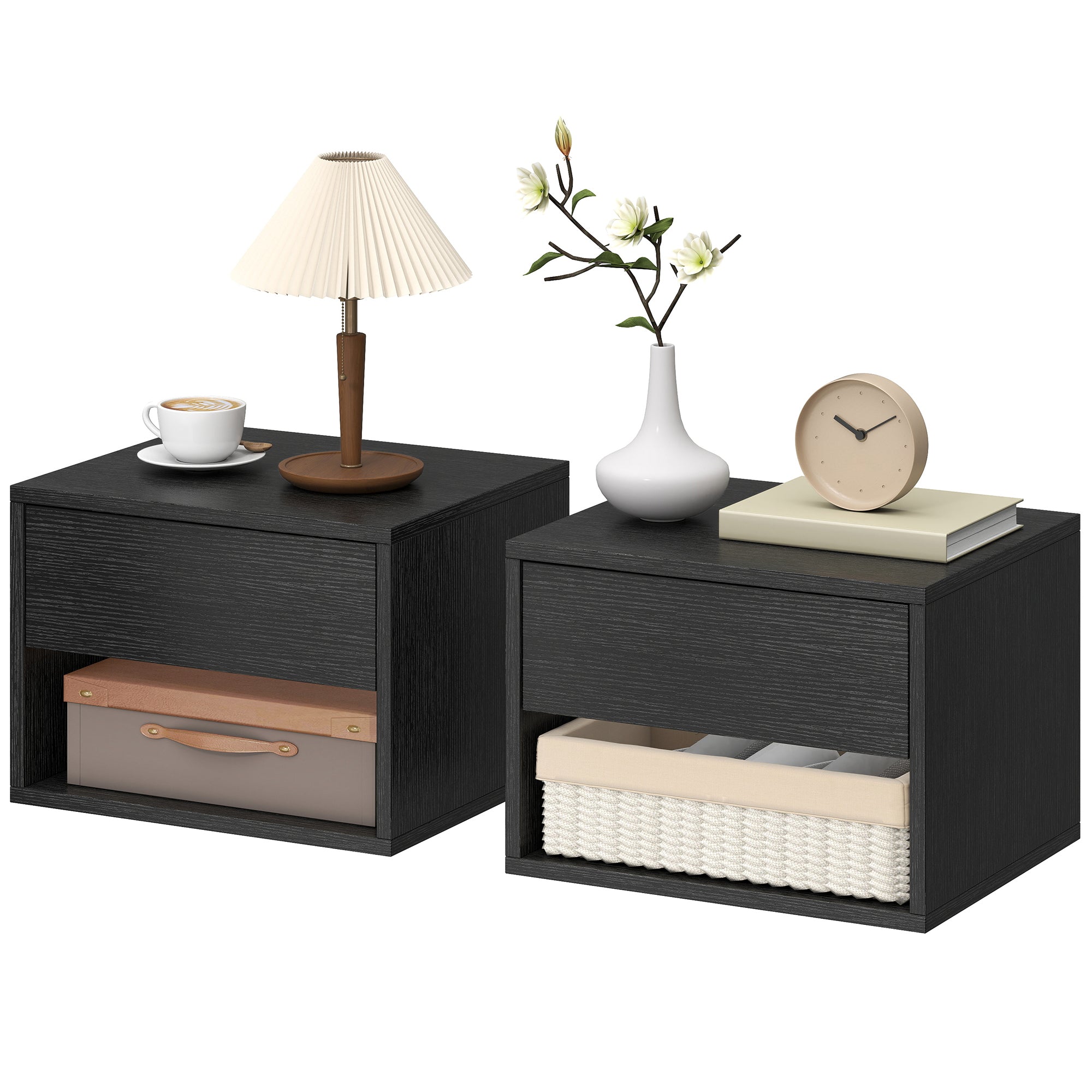 Floating Nightstand Set of 2, Wall Mounted Bedside Table with Drawer and Shelf, End Table for Bedroom, Black