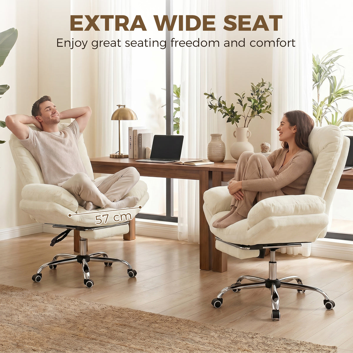 Criss Cross Office Chair with Footrest, Swivel Wheels, Wide Task Desk Chair with Overstuffed Reclining Backrest, Waterfall Arms, Adjustable Height, Cross Legged, Beige
